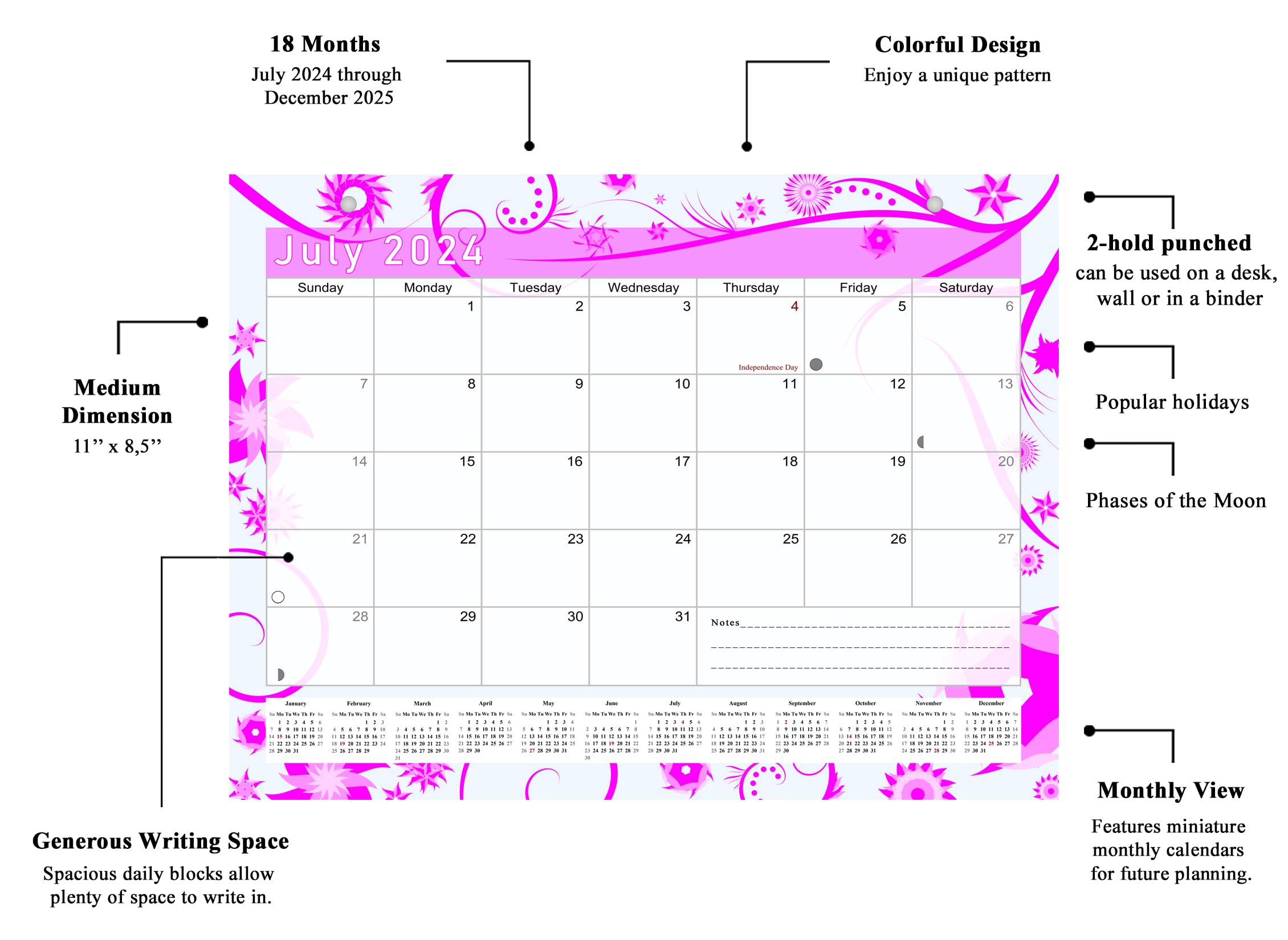 2024-2025 18-Month Magnetic Desk Calendar & Wall Planner - Monthly Organizer with Bonus Stickers (Edition #10) for Office, Home, School & Gift Giving