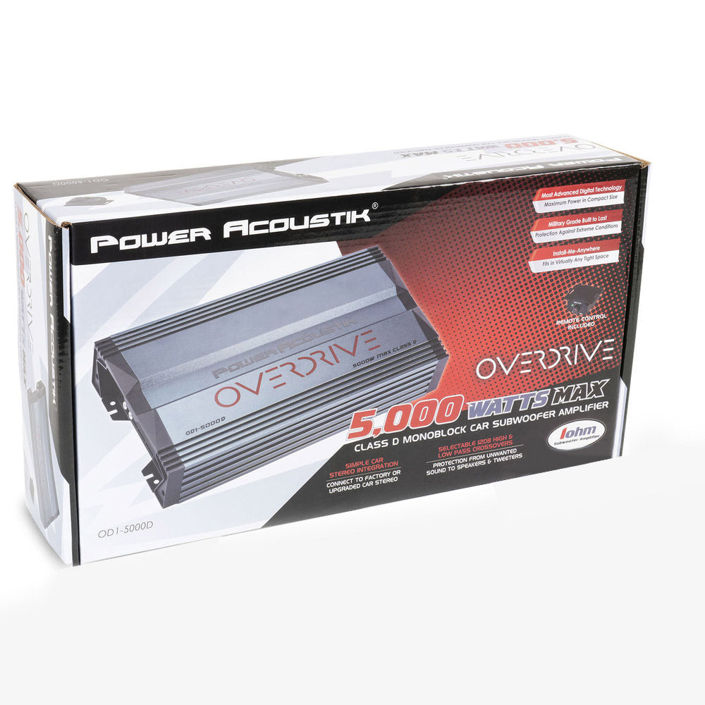 Power Acoustik OD1 5000D Overdrive Series 5000W Max Monoblock Class D Car Amplifier with Bass Remote - Perfect for Car Audio Systems, Bass Boost & Subwoofer Control