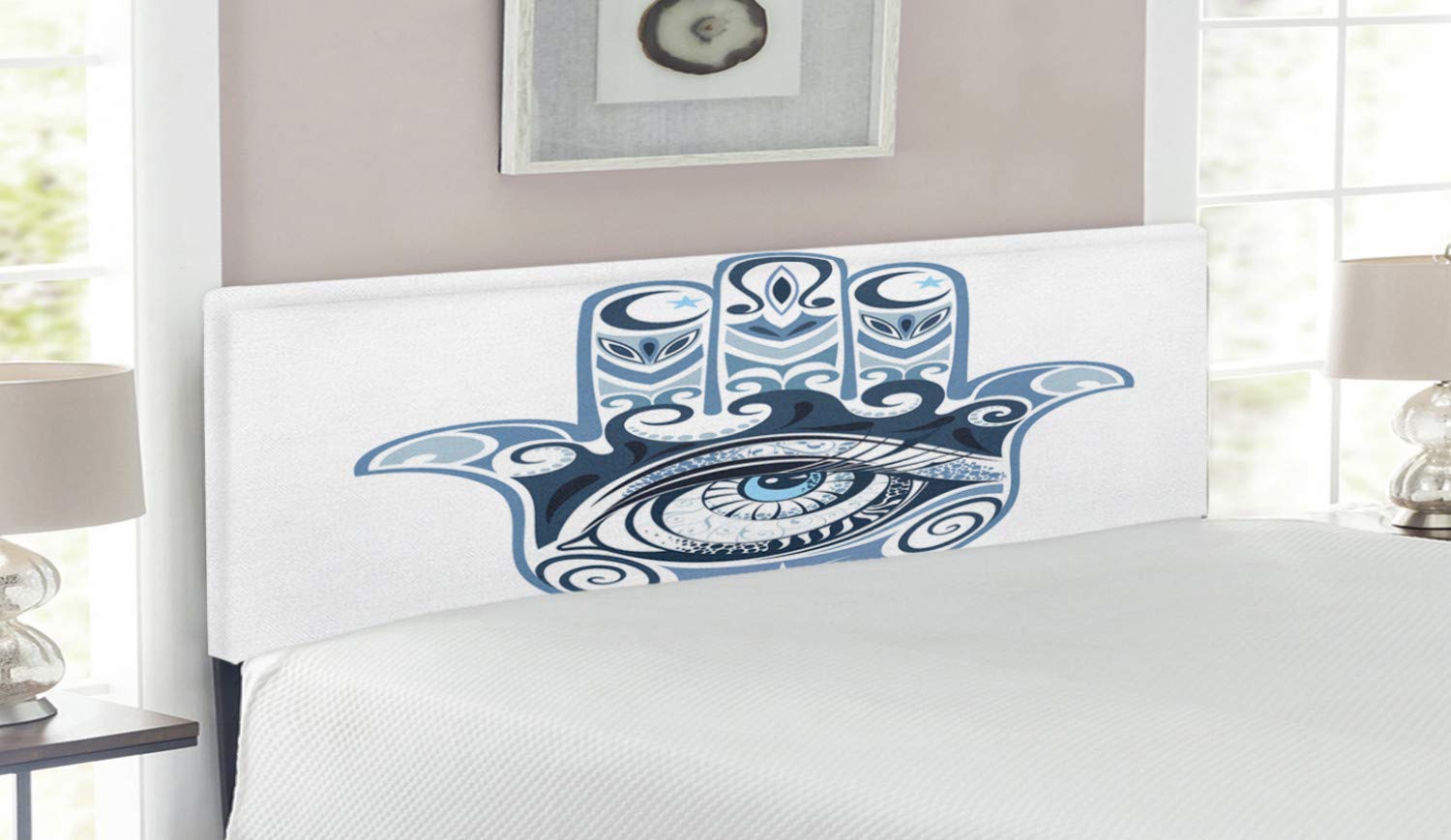 Ambesonne Evil Eye Headboard - Hand Drawn Cultural Luck Charm, Upholstered Metal Bed Frame with Memory Foam - Queen Size Dark Blue & Pale Blue - Perfect for Bedroom Protection & Boho Decor