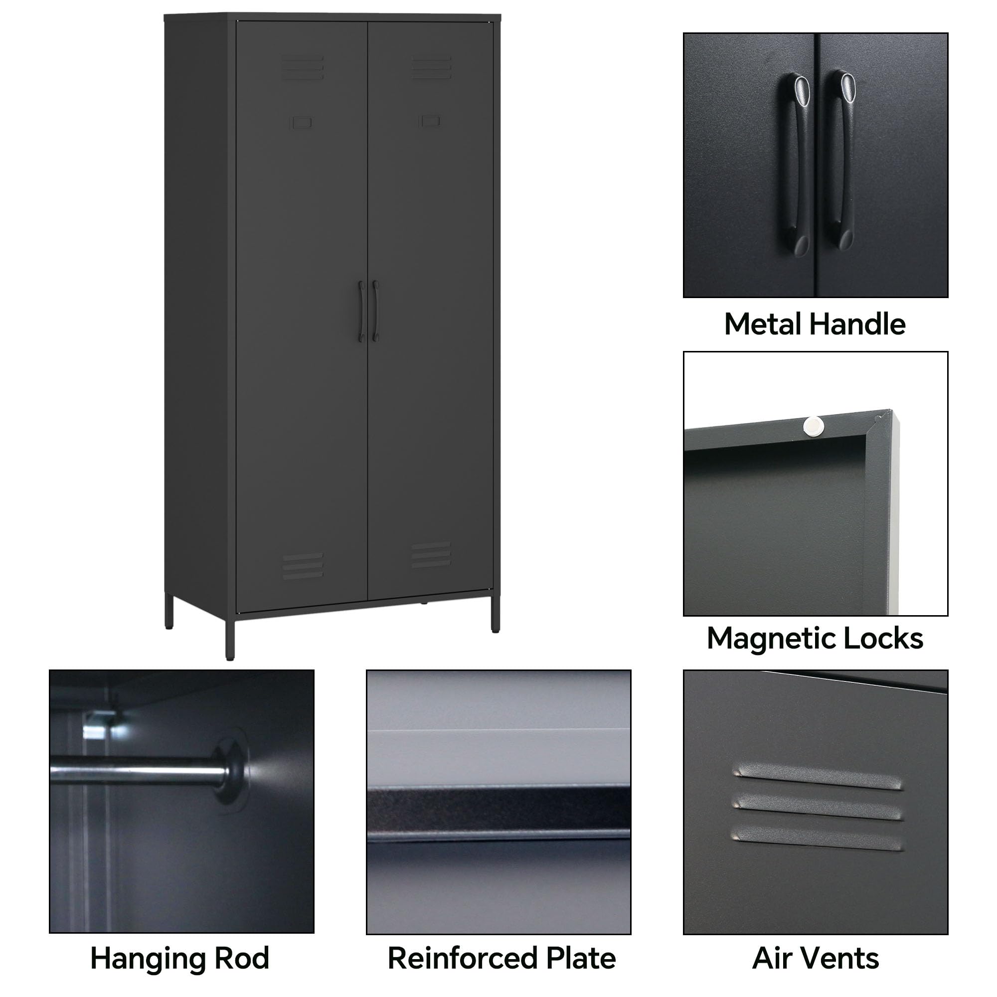 MIOCASA Black Metal Armoire Wardrobe Closet - 2-Door Steel Storage Cabinet with Shelf for Bedroom & Living Room Organization | Perfect for Clothes, Linens, and Home Storage Solutions