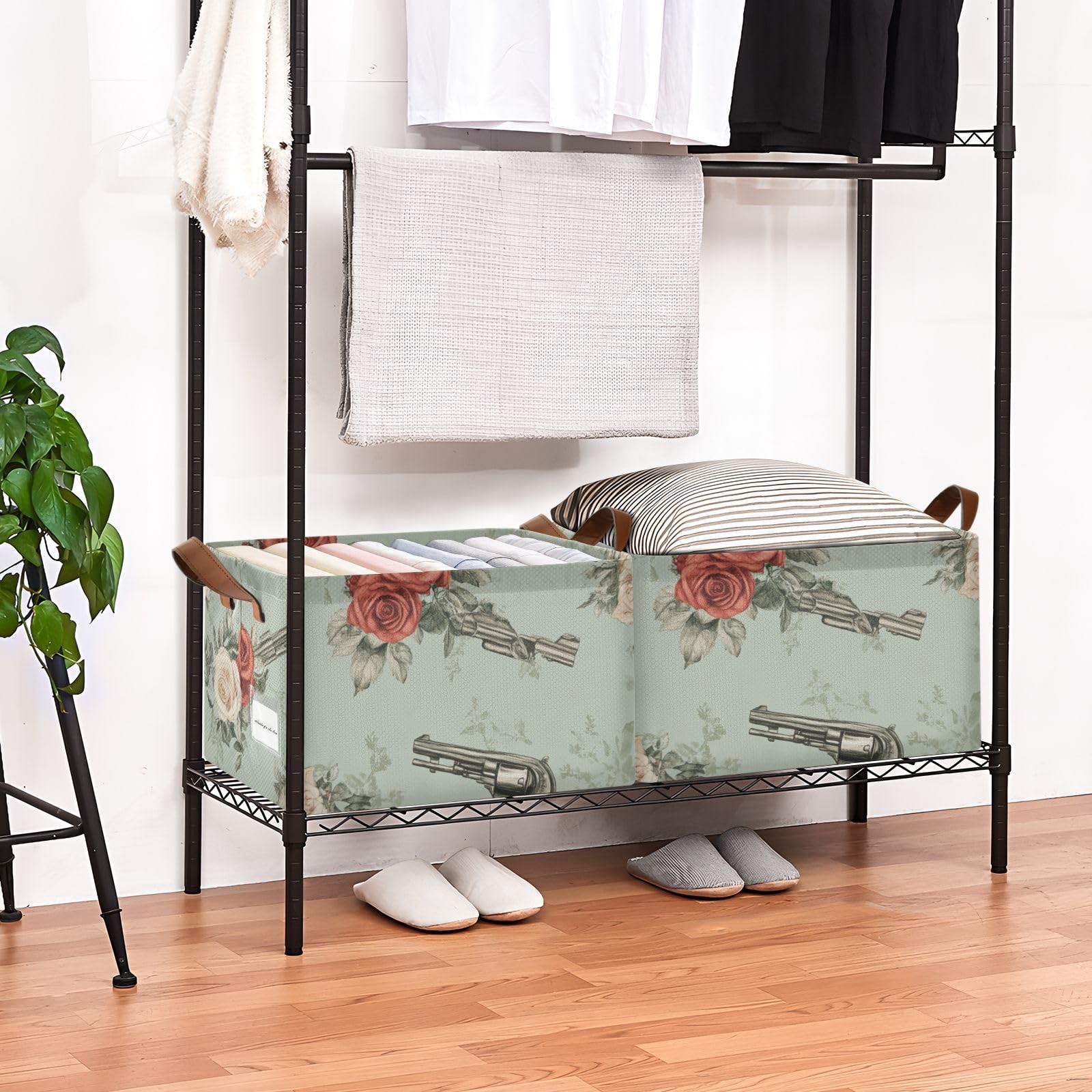 Gothic Rose Metal Fabric Storage Baskets with Handles - 2 Pack Organizer Bins for Closet, Shelf, Cabinet & Bookcase - Perfect for Home, Office & Laundry Room Organization