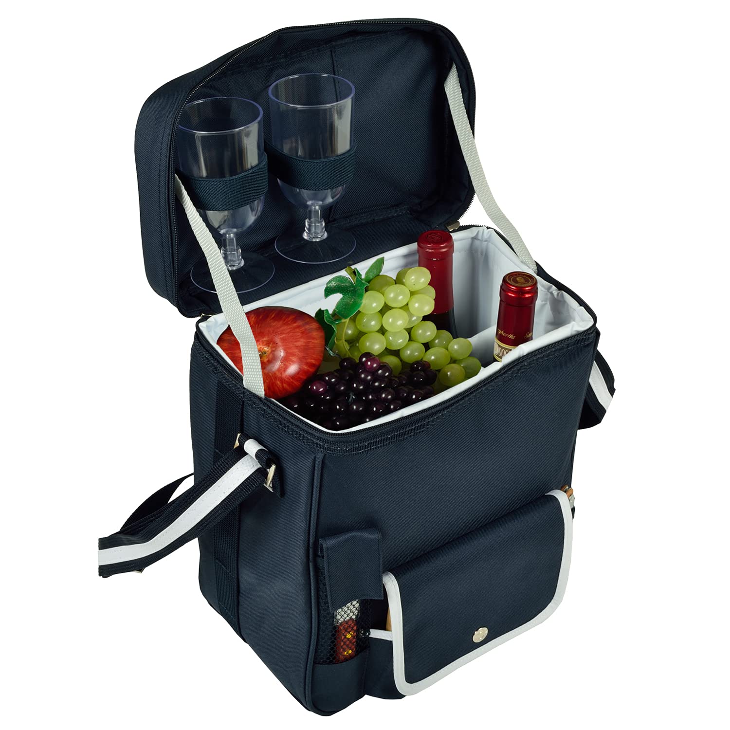 Premium Wine and Cheese Picnic Basket Set with Hardwood Cutting Board, Cheese Knife & Corkscrew - Navy Blue Cooler for Outdoor Picnics, Beach Trips and Romantic Dates