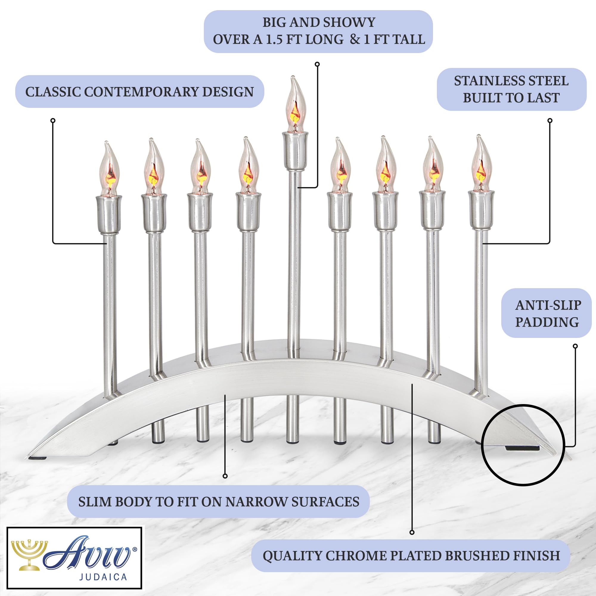 Hanukkah Electric Menorah - 9 Branch Hanukkiah with Flickering Flame LED Bulbs, Brushed Stainless Steel - Perfect for Home Decor, Jewish Holidays & Chanukah Celebrations by Aviv Judaica