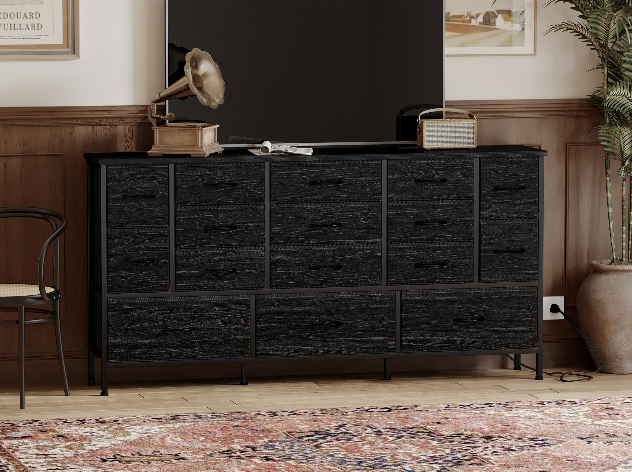 Fixwal 63.3 Inch TV Stand for 65-55 Inch TVs - 16 Drawer Black Dresser with Power Outlets - Modern Fabric Chest of Drawers for Bedroom, Living Room & Entryway - Perfect for TV Storage & Home Organization