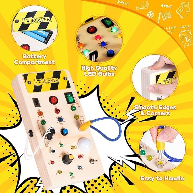 Montessori LED Busy Board for Toddlers 1-3 Years - Sensory Activity Toy with Light Switch for Boys & Girls - Wooden Travel Toy for Road Trips & Airplane - Perfect Christmas & Birthday Gift for Toddlers - Educational Learning Toy for Fine Motor Skills Development