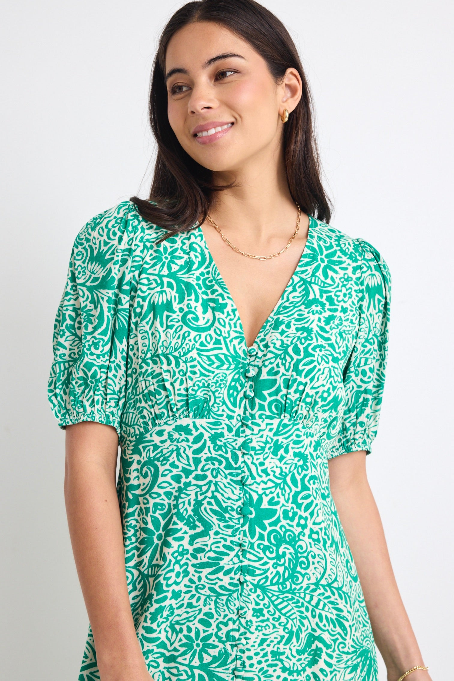 Elemental Green Batik Print Short Sleeve Button Front Midi Dress - Boho Chic Summer Dress for Beach Vacation, Date Night & Casual Outings