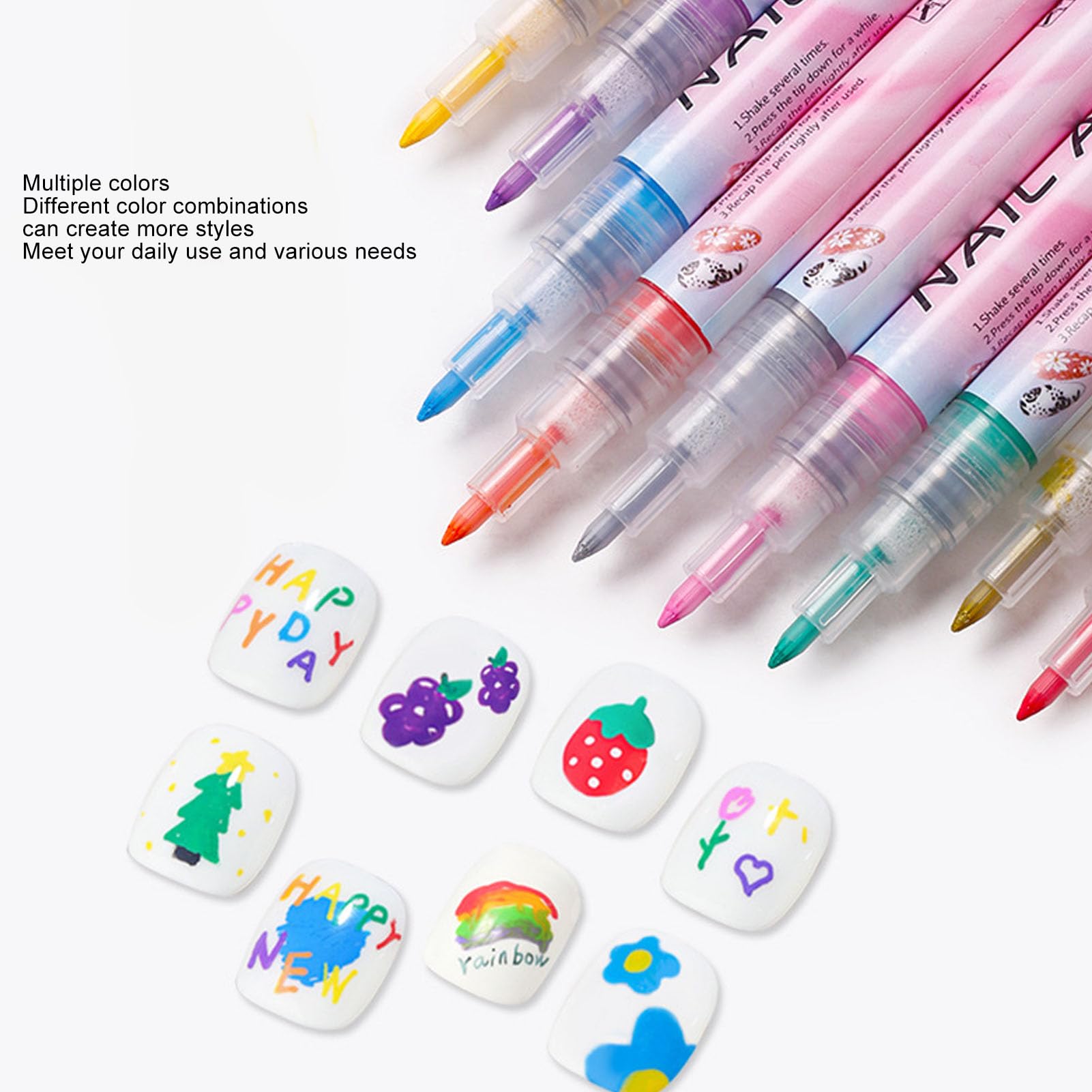 12 Colors Nail Art Pens Set - Quick Dry, Portable & Long Lasting Nail Painting Drawing Pens with Liner Brush for Details & Lines - Perfect for DIY Manicure, Nail Art Designs & Salon Professionals