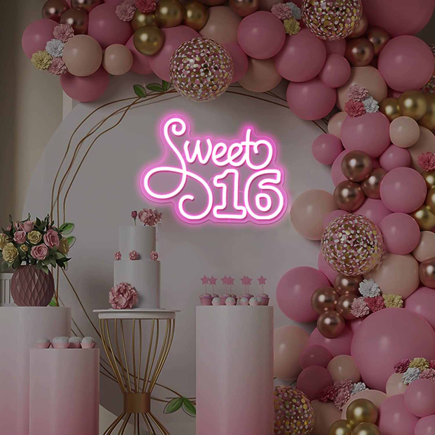 Sweet 16 Pink LED Neon Sign - 13.39x9.84 Inch Dimmable USB Wall Decor for Birthday Parties, Girls Bedroom & Teen Room Decorations - Perfect for Sweet Sixteen Celebrations, Sleepovers & TikTok Room Aesthetics