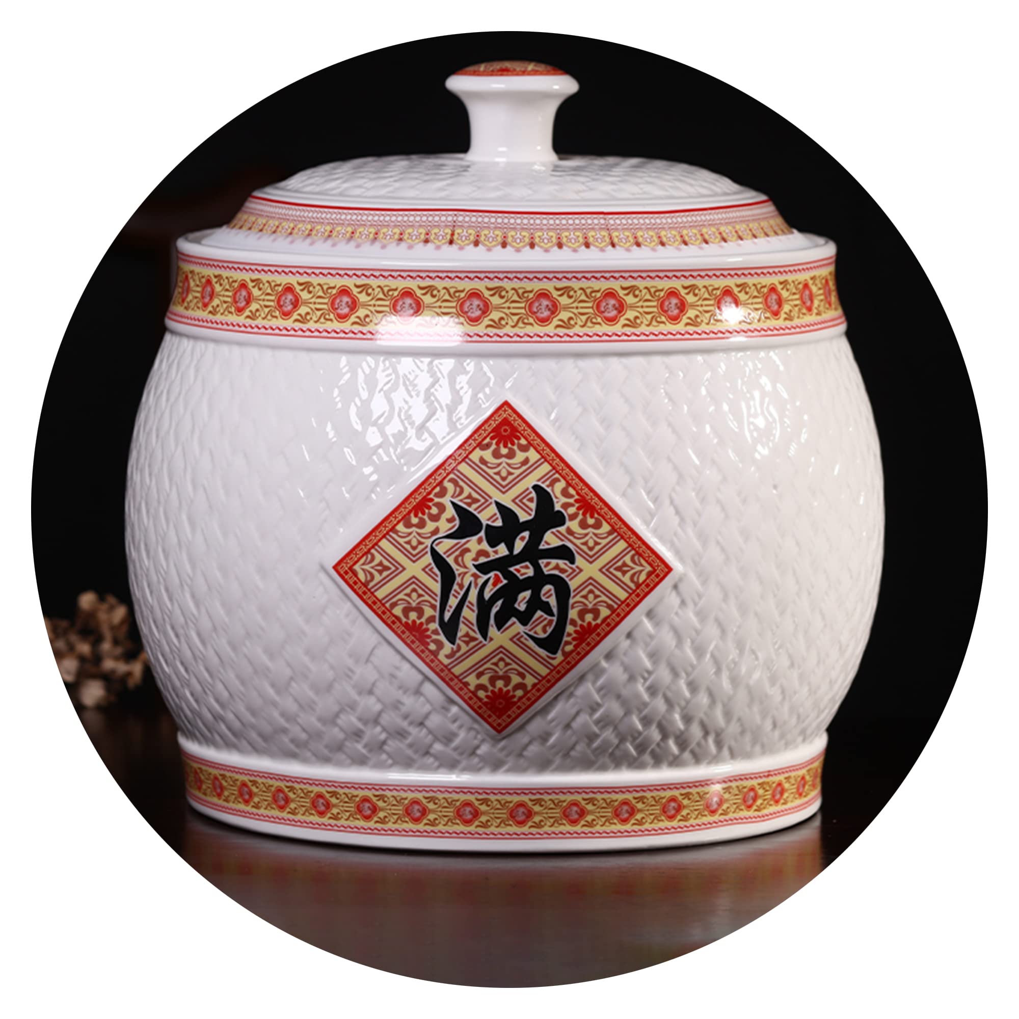 Premium Ceramic Rice Storage Container - Airtight Food Jar for Rice, Cereal, Oatmeal & Dry Goods | Round Chinese-Style Ceramic Canister with Secure Lid | Perfect for Kitchen Pantry Organization & Bulk Food Storage
