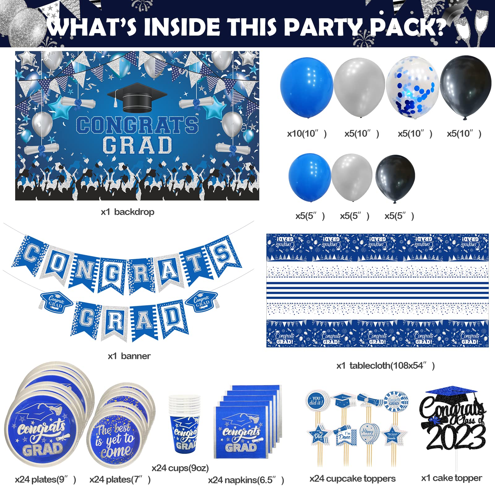 164Pcs Blue and White Graduation Party Decorations Set - Class of 2024 Backdrop, Plates, Napkins & Tablecloths | Perfect for Graduation Ceremonies, Parties & Photo Booths