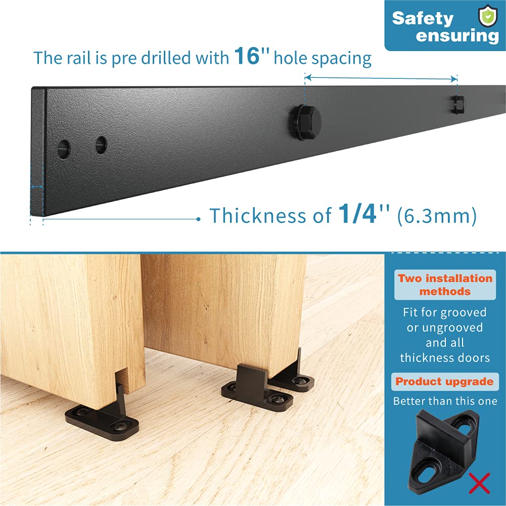 ZEKOO 5.5 FT Single Track Bypass Sliding Barn Door Hardware Kit for Double Doors - Heavy Duty Flat Track Roller System with One-Piece Rail for Low Ceilings | Perfect for Bedrooms, Closets, and Interior Spaces