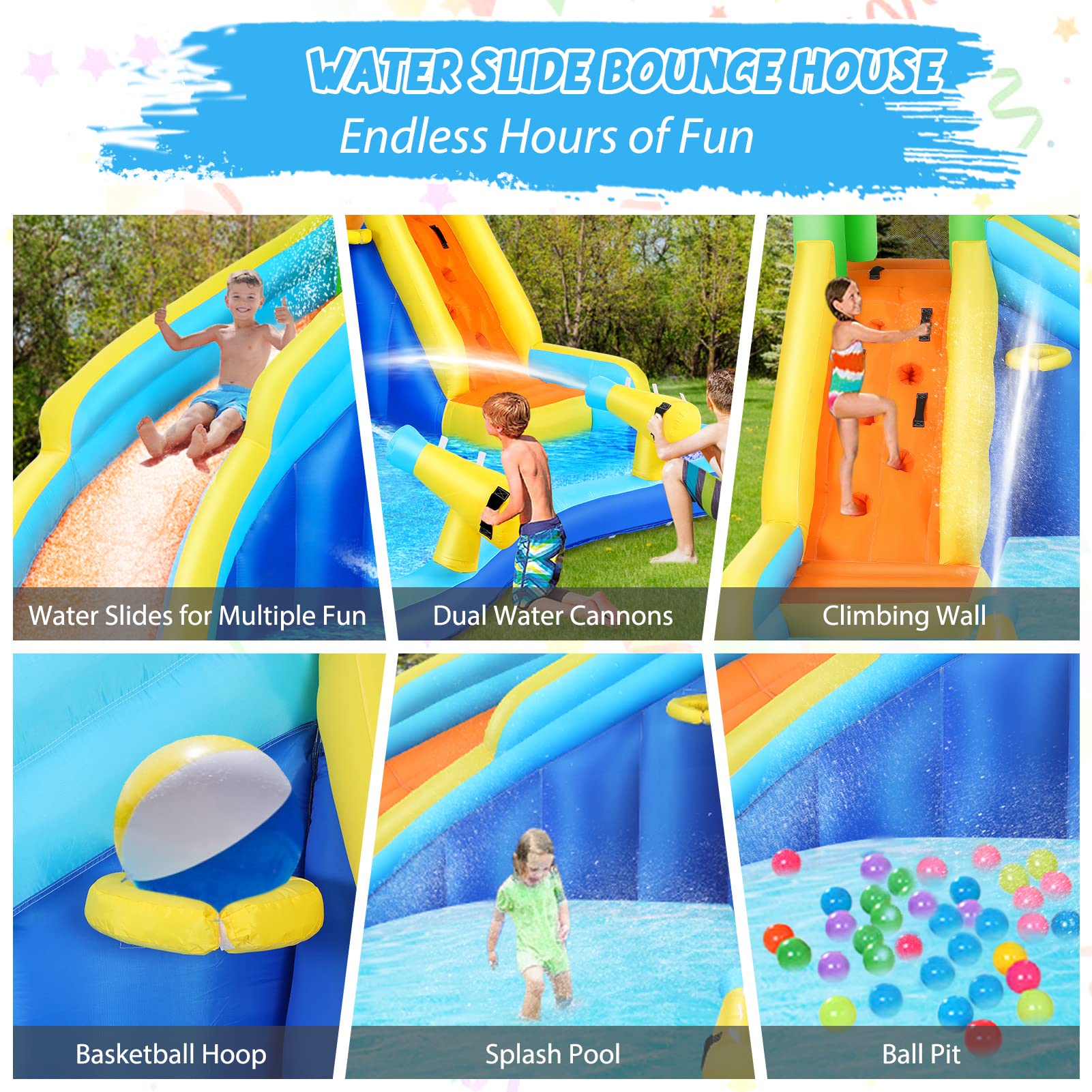 WHUBEFY 7-in-1 Inflatable Water Slide for Kids - Bounce House with Blower, Splash Pool, Water Gun & Climbing Wall | Backyard Water Park for Summer Fun | Perfect for Birthday Parties, Family Gatherings & Outdoor Play