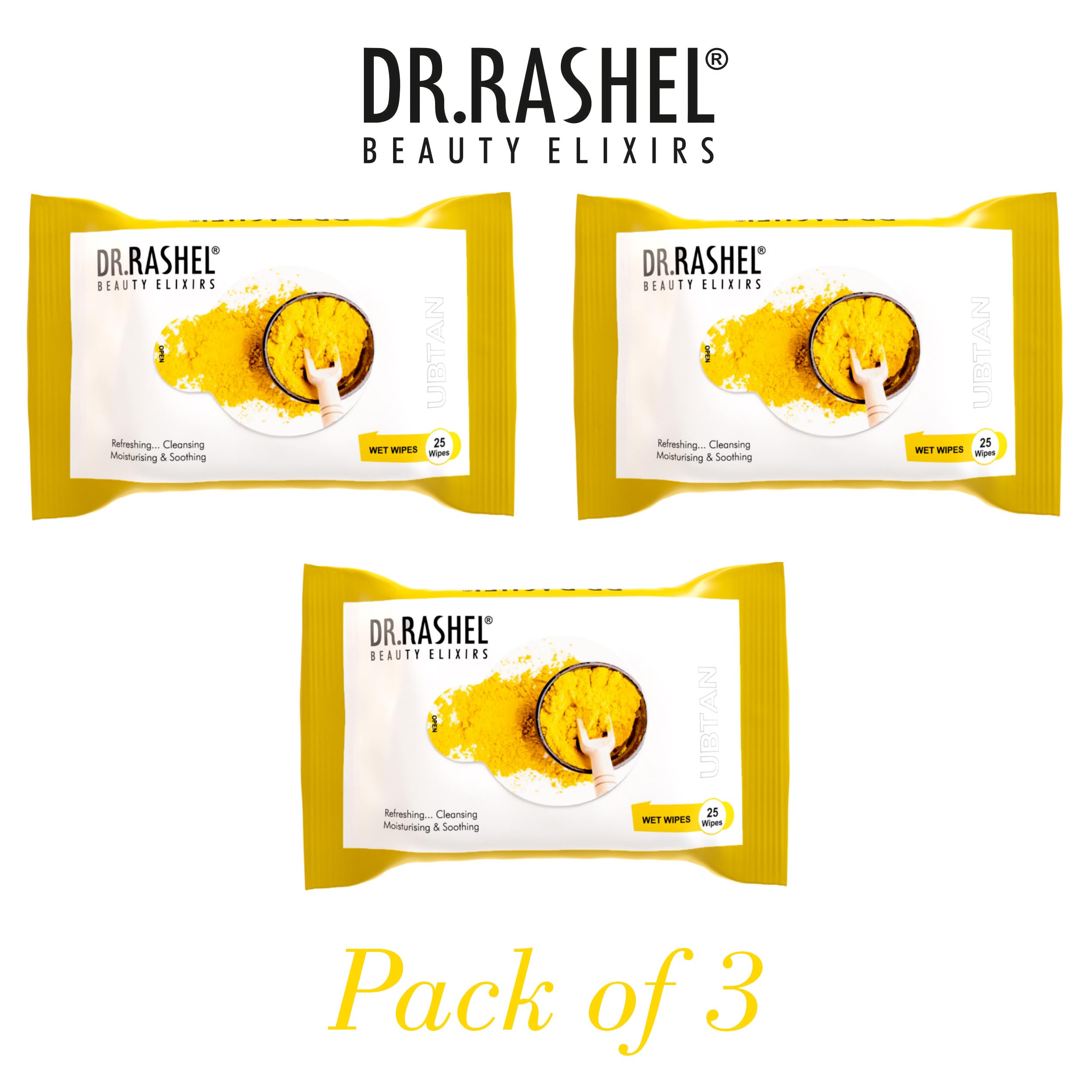 DR.Rashel Ubtan Pack of 2 Face Wipes - Turmeric & Aloe Vera Extract for Refreshing, Glowing Skin | Multi-Purpose Facial Cleansing Wipes (25 Count x 2) | Perfect for Travel, Gym & Daily Skincare Routine