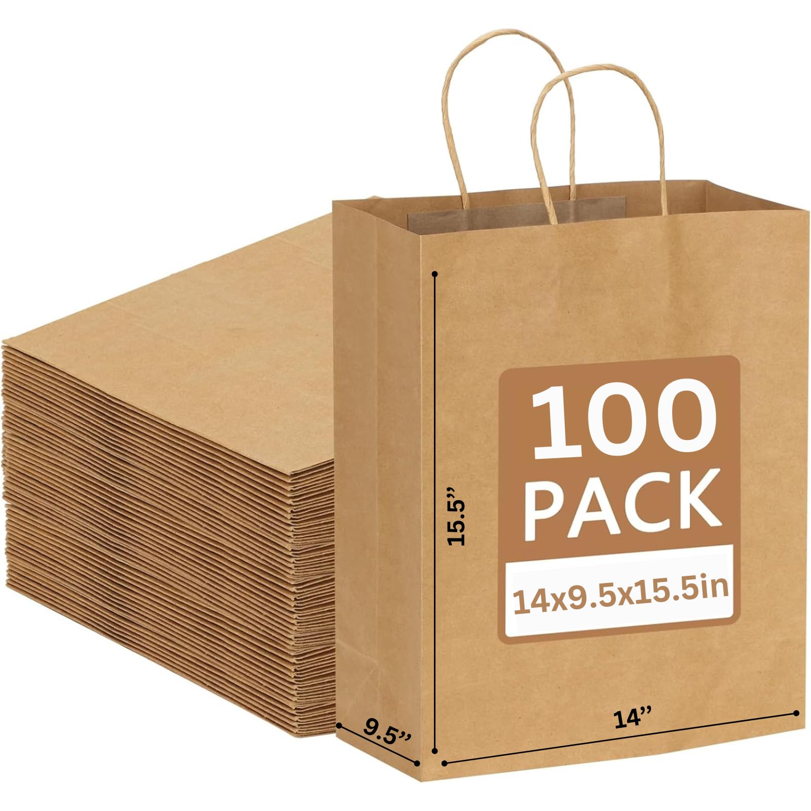 JET PAPER BAGS - 14”x9.5”x15.5” Large Brown Kraft Paper Bags with Handles [100 Pack] - Eco-Friendly Recyclable Takeout Bags for Grocery, Retail, Party Favors, Wedding Gifts & Goodie Bags - Perfect for Restaurants, Stores & Special Events