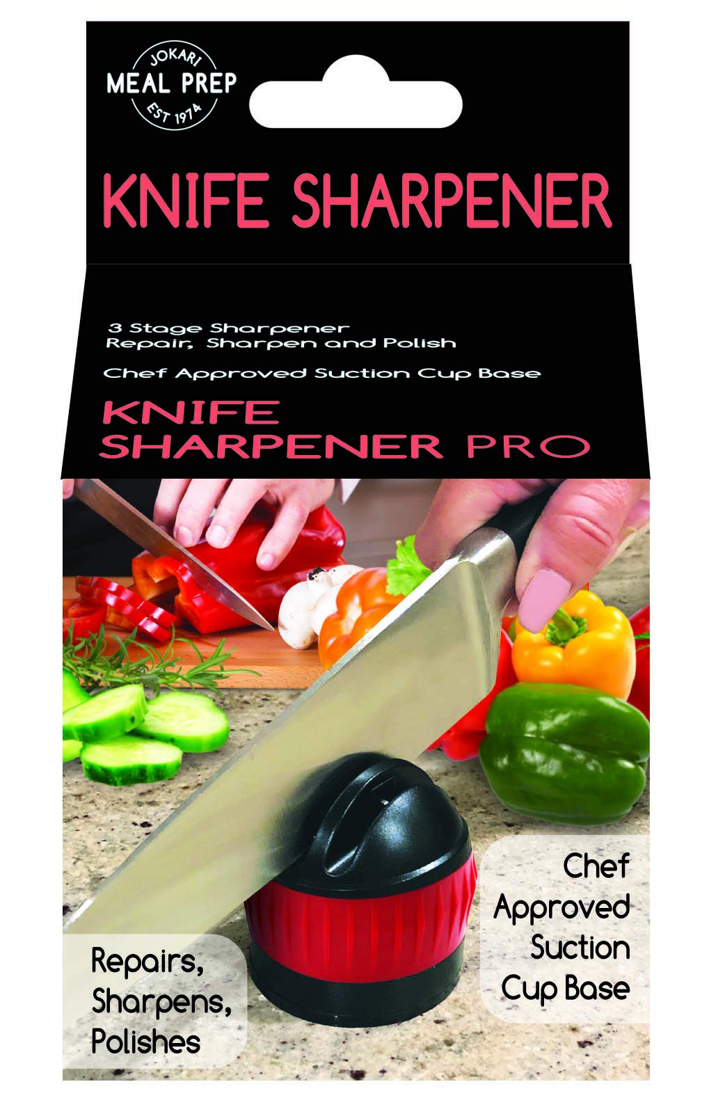 Jokari Knife Sharpener with Suction Base - 3-Step Manual Knife Sharpener for Kitchen, Chef & Home Use | Diamond Sharp Blades for Precision Cutting | Countertop Safe One-Handed Operation | Perfect for Sharpening Kitchen Knives, Steak Knives & Scissors