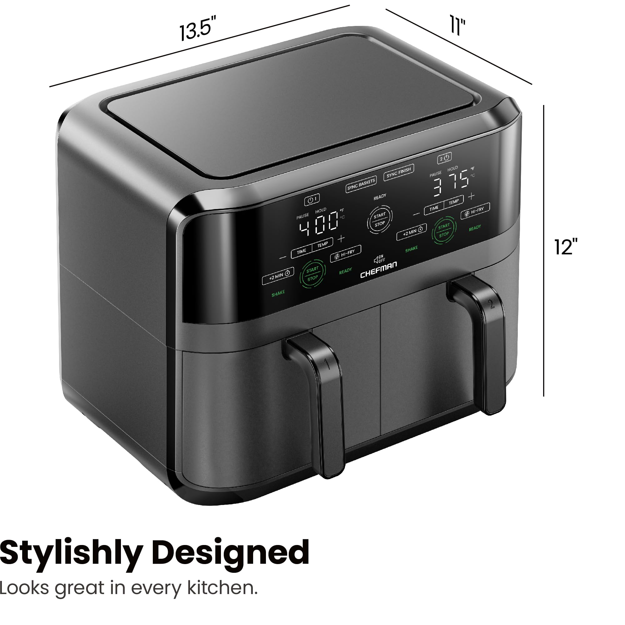 Chefman 6 Quart Dual Basket Air Fryer - Digital Touchscreen, Smart Sync Finish, Hi-Fry Technology, Auto Shutoff, 2 Independent 3QT Nonstick Dishwasher-Safe Baskets - Healthy Oil-Free Cooking for Family Meals, Snacks & Party Foods - Black