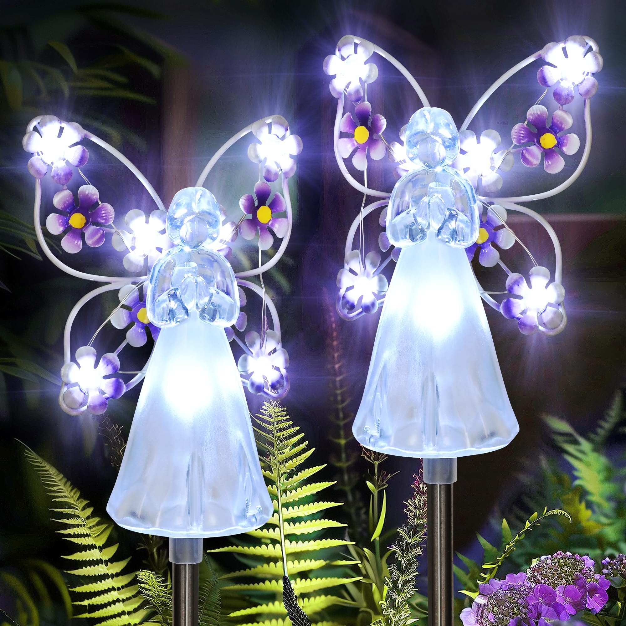 GIGALUMI 2 Pack Solar Angel Garden Stake Lights - 7 LED Eternal Light Outdoor Decor for Cemetery, Memorial, Christmas Yard & Sympathy Gifts | Waterproof Solar-Powered Angel Statue for Graves, Patio, Pathway & Garden Decorations