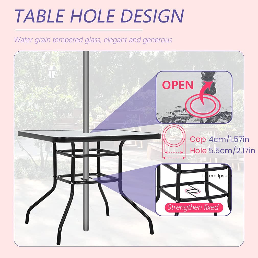 FDW Bistro 36-inch Outdoor Patio Dining Table with Tempered Glass Top & Umbrella Hole - Square Black Metal Frame for Garden, Balcony, Backyard - Perfect for Outdoor Entertaining & BBQ Gatherings