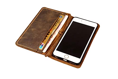 Vintage Distressed Brown Leather Wallet Case for iPhone 6/6 Plus & Galaxy Note 5 - Handmade Brown Stitch Design (IP005W) - Perfect for Everyday Use, Travel & Business Protection