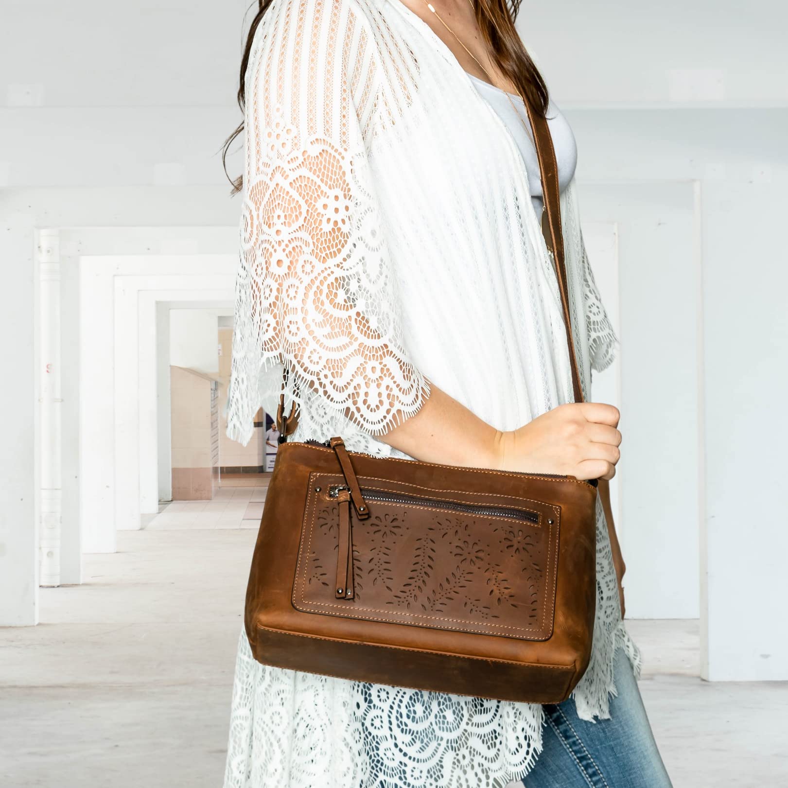 Brynlee Distressed Leather Concealed Carry Crossbody Bag - Medium Brown CCW Purse for Women | Perfect for Everyday Use, Travel & Self-Defense