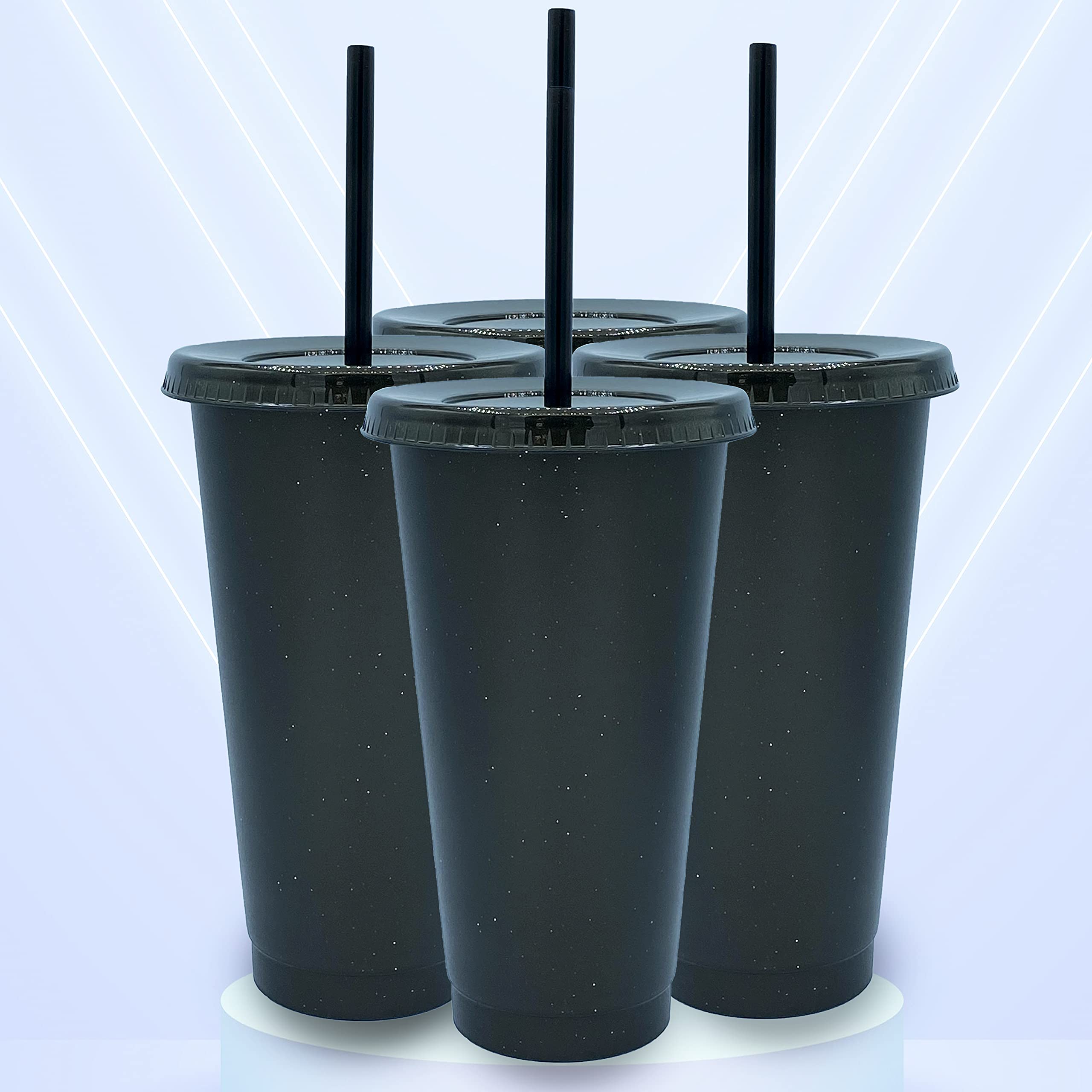 24 oz Reusable Plastic Tumbler with Straw & Lid - 4 Pack Glitter Matte Black Cold Cups for Iced Coffee, Smoothies & Drinks | BPA-Free, Dishwasher Safe, Perfect for Home, Office & Travel