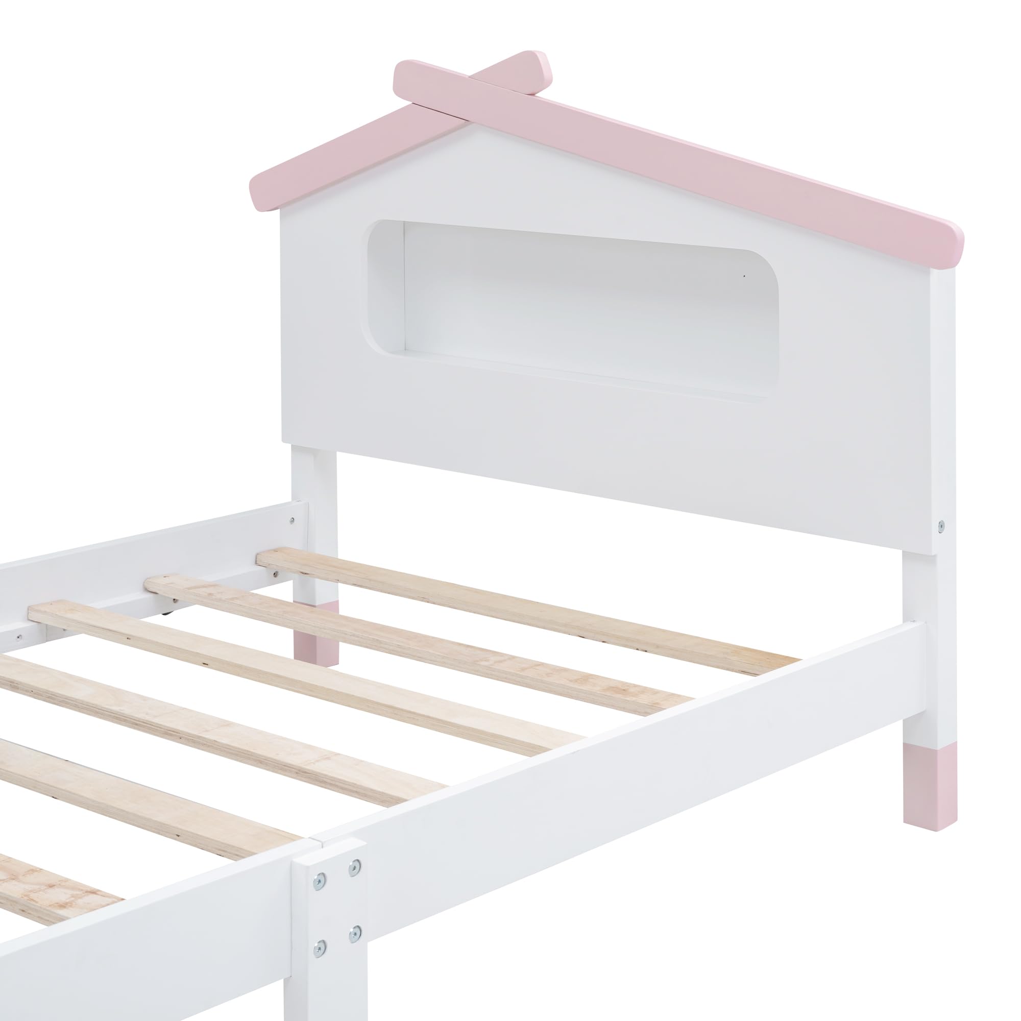 Harper & Bright Designs Twin Bed Frame with House-Shaped Headboard - Wooden Kids Platform Bed with Motion-Activated Night Lights - Cute Single Bed for Girls & Boys (White & Pink) - Perfect for Kids' Bedrooms, Playrooms & Cozy Sleep Spaces