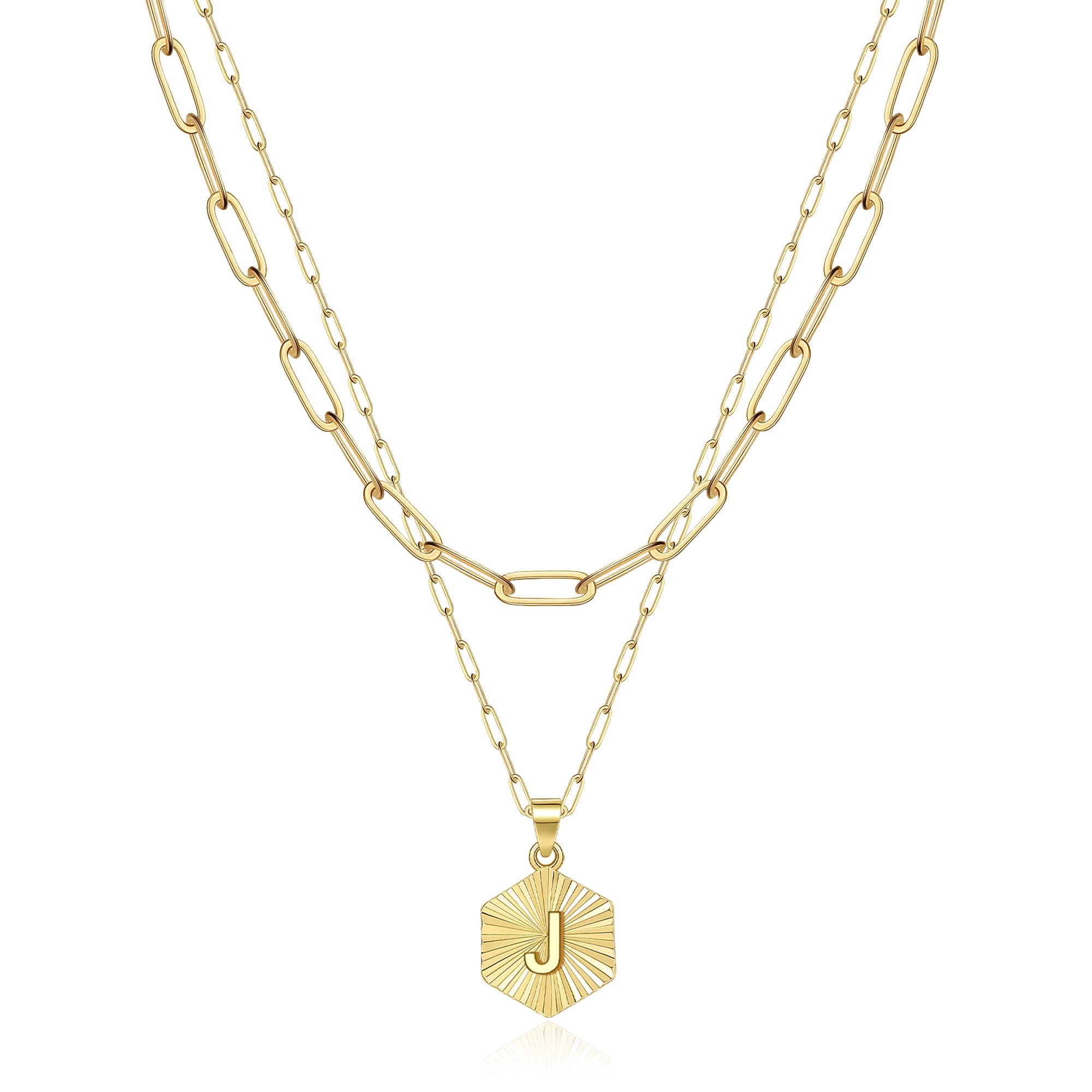 Besalon 14K Gold Plated Initial Letter Pendant Choker Necklace for Women - Adjustable Paperclip Chain Layering Necklace with Hexagon Pendant, Gift for Girls - Perfect for Everyday Wear, Layering & Special Occasions