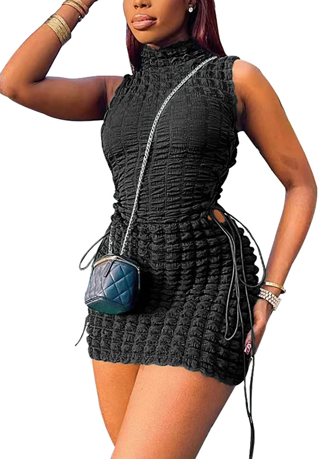 YOOTIKO Women's Sexy Bubble Ruched Sleeveless Bodycon Dress - Mock Neck Summer Mini Clubwear for Night Out, Party & Date Night