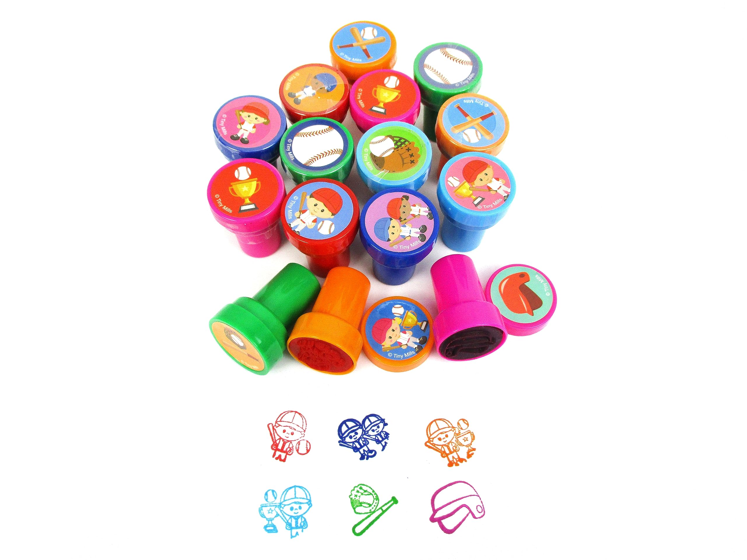 TINYMILLS 24 Pcs Baseball Themed Self-Inking Stamps for Kids - 12 Unique Designs, Perfect for Baseball Party Favors, Football Goody Bags, Carnival Prizes & Sports Themed Events - Great for DIY Crafts, Scrapbooking & Classroom Rewards