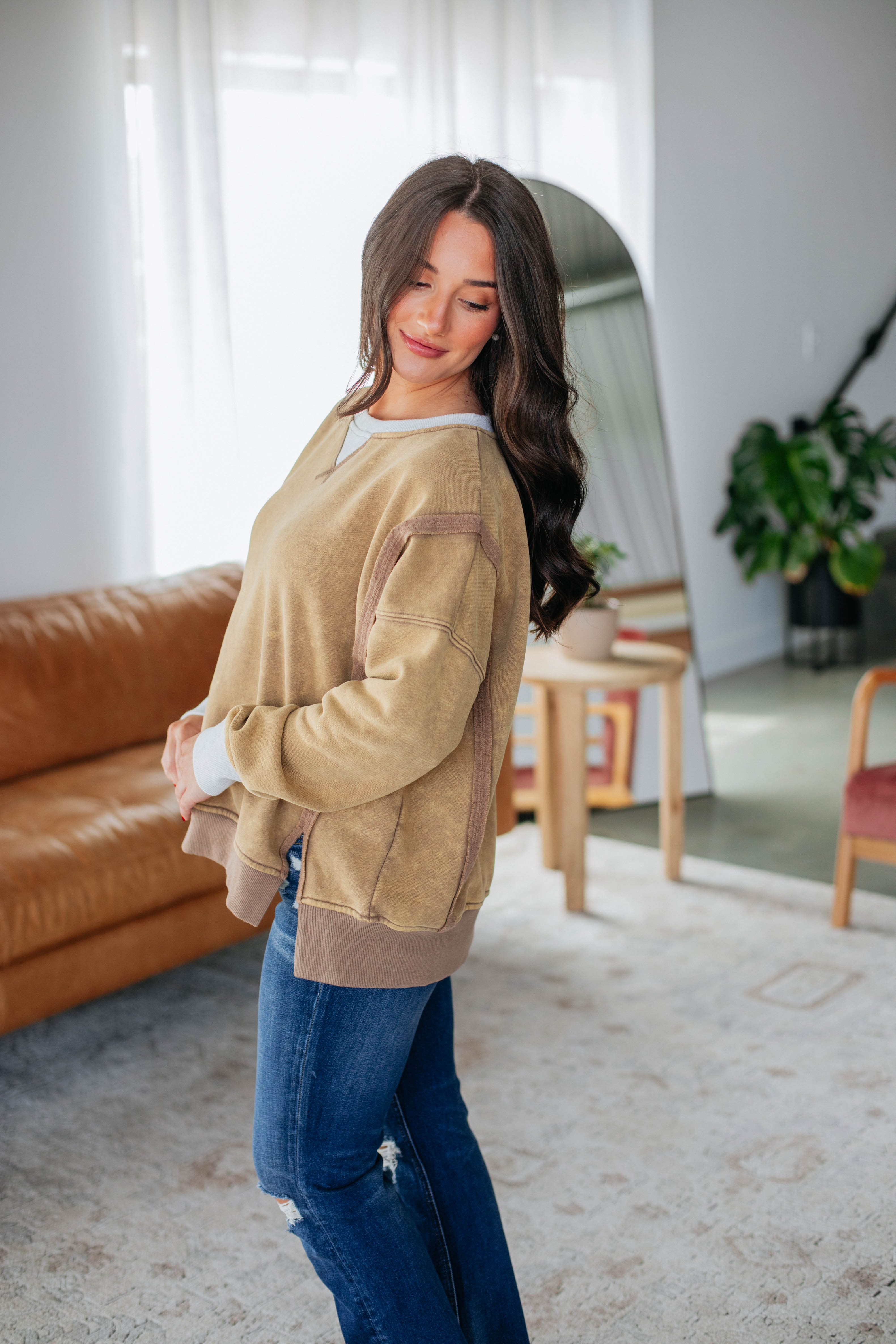 Corie Colorblock Sweatshirt for Women - Trendy Dijon Mustard Pullover with Contrast Panels | Cozy Casual Wear for Fall, Winter & Layering Outfits