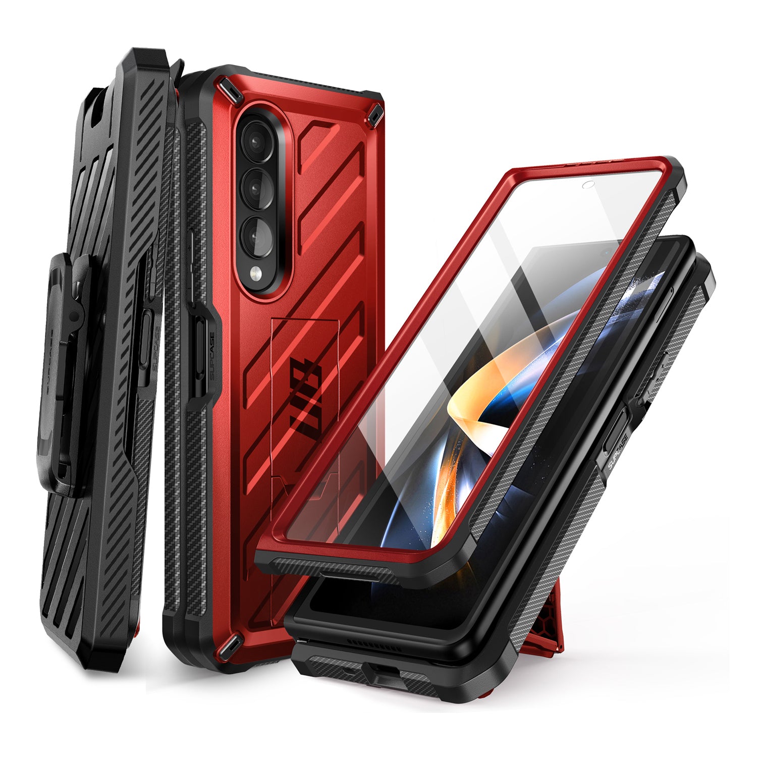 Samsung Galaxy Z Fold 4 Case with Built-in Kickstand & Screen Protector - Shockproof Heavy Duty Cover for Z Fold4 - Metallic Red | Perfect for Work, Travel & Everyday Protection