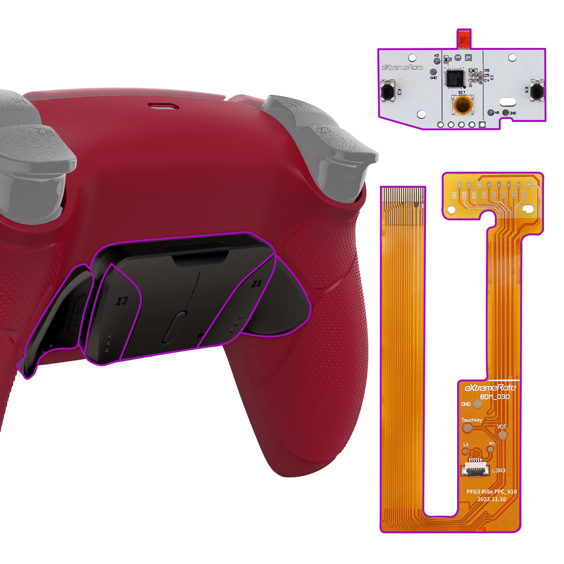 eXtremeRate Programmable RISE4 Metal Remap Kit for PS5 Controller BDM-030/040/050 - Remapping Board, Rubber Grip Backplate Case & Metal Back Paddles (Vulkan Red) - Perfect for Competitive Gaming & Custom Controller Setup