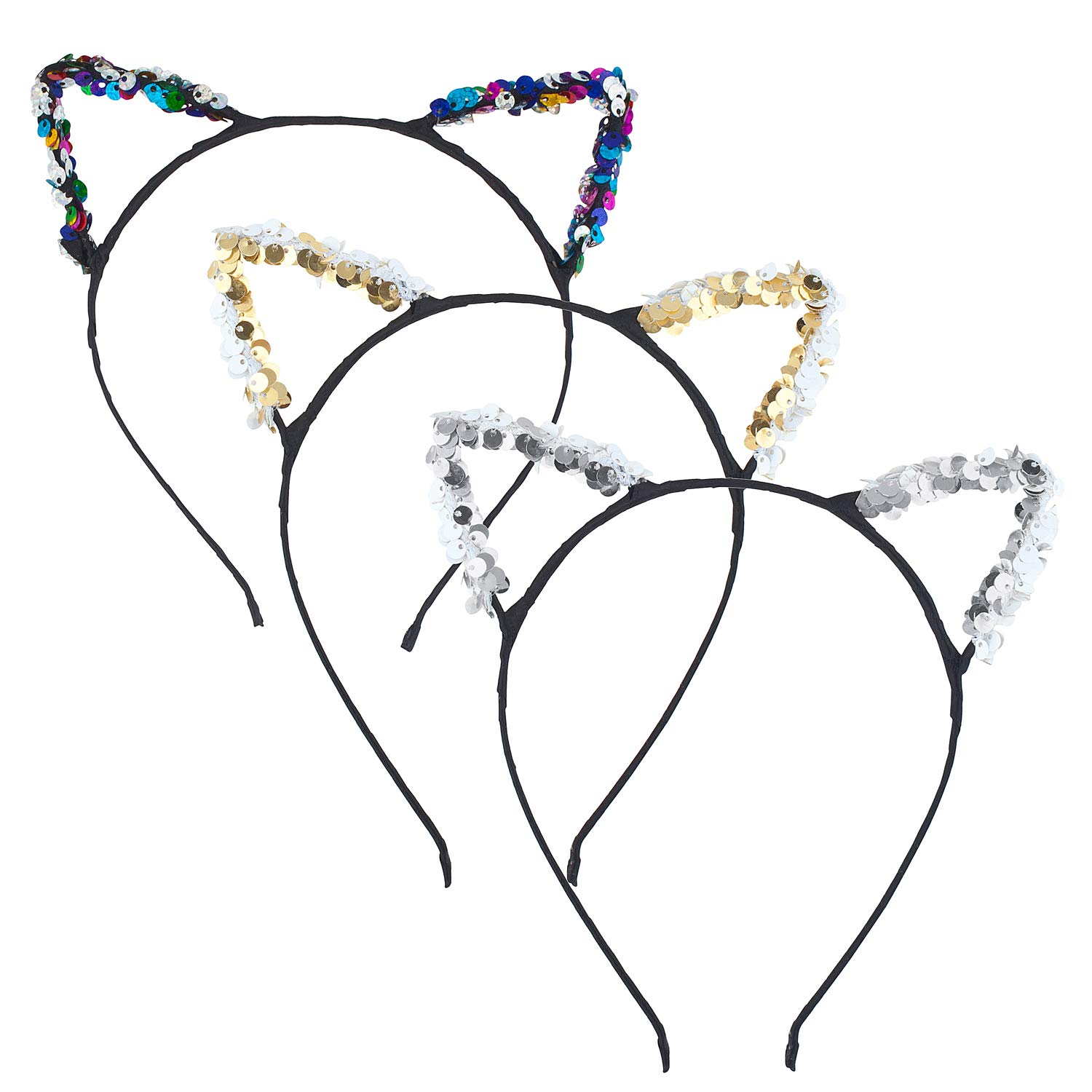 Rainbow Cat Ears Headband Set - Gold & Silver Sequins for Cosplay & Parties