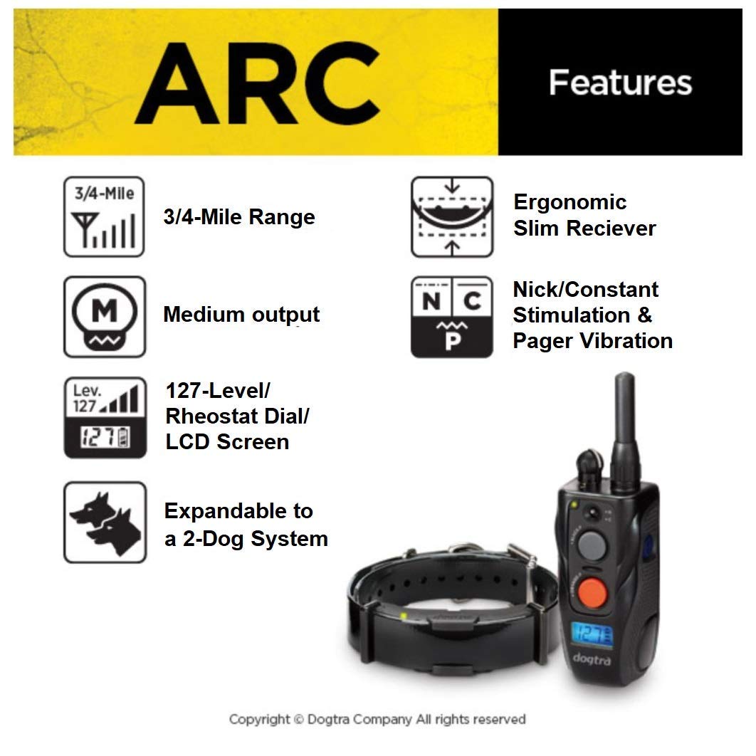 Dogtra ARC Dog Training E-Collar - 3/4 Mile Range Remote Control, Waterproof & Rechargeable Shock Collar with Static, Vibration & Tone Modes - for Small, Medium, Large Dogs - Perfect for Obedience Training, Hunting & Outdoor Adventures