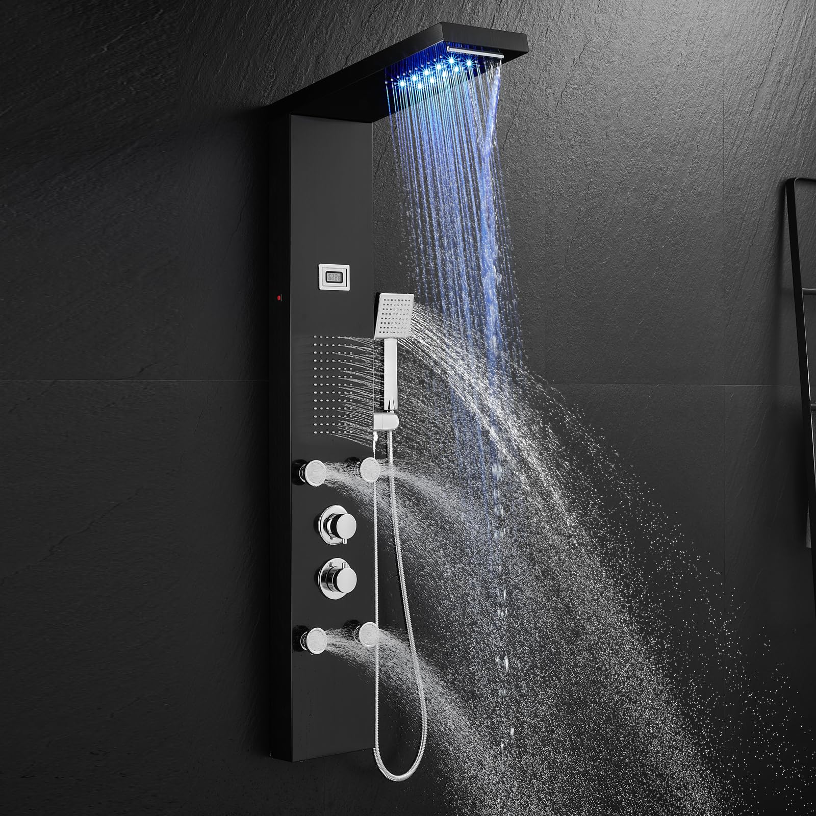 **LED Shower Panel System with Rainfall & Waterfall Shower - 5 Body Jets, Handheld Spray, Temperature Display - Water-Powered LED Shower Tower Column in Stainless Steel (Black) - Perfect for Spa-Like Bathroom Upgrades**