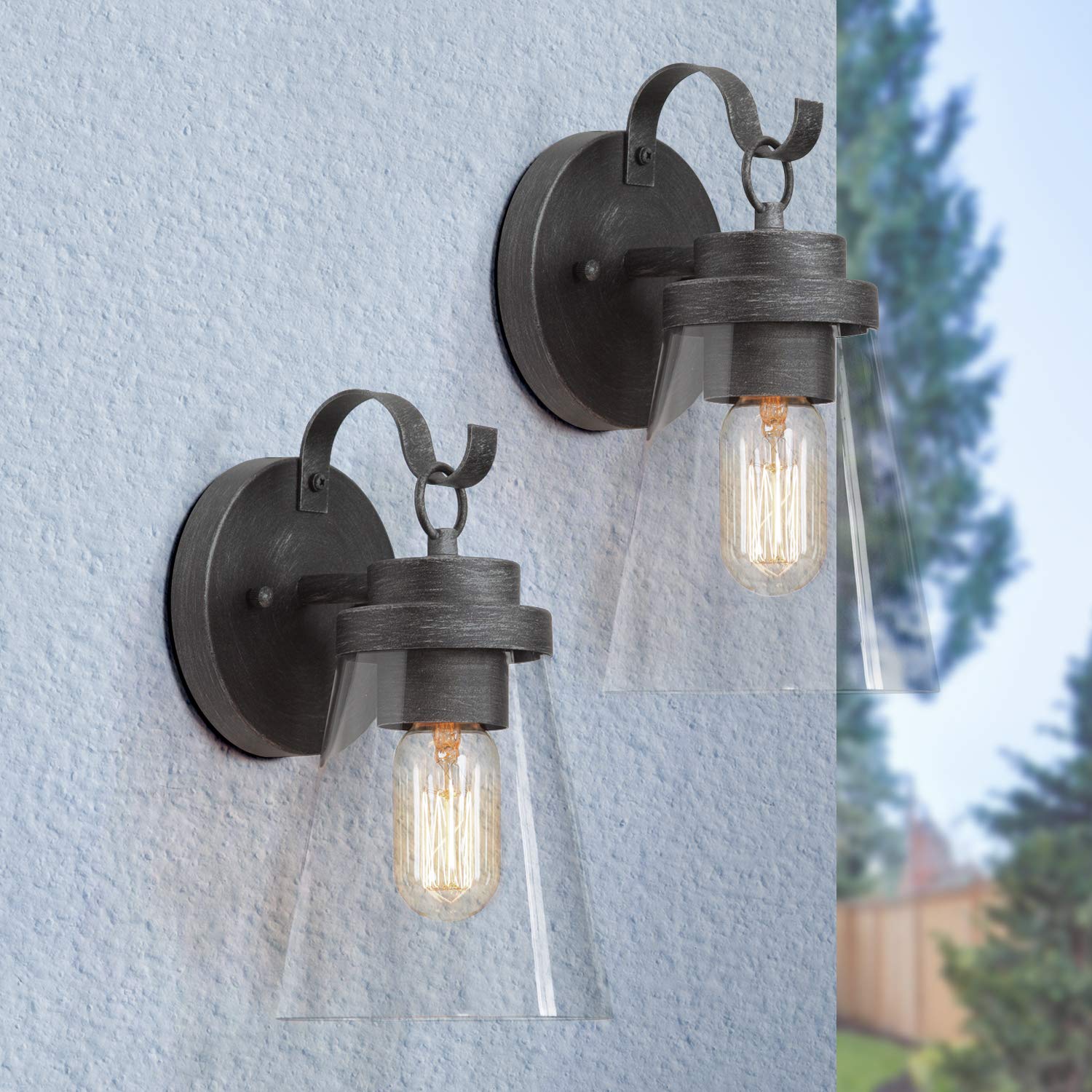 2 Pack LOG BARN Outdoor Wall Sconce Lights - Antique Silver Finish with Clear Glass, Wall Mount Porch Lighting Fixtures for House, Garden, Patio, Deck, and Entryway