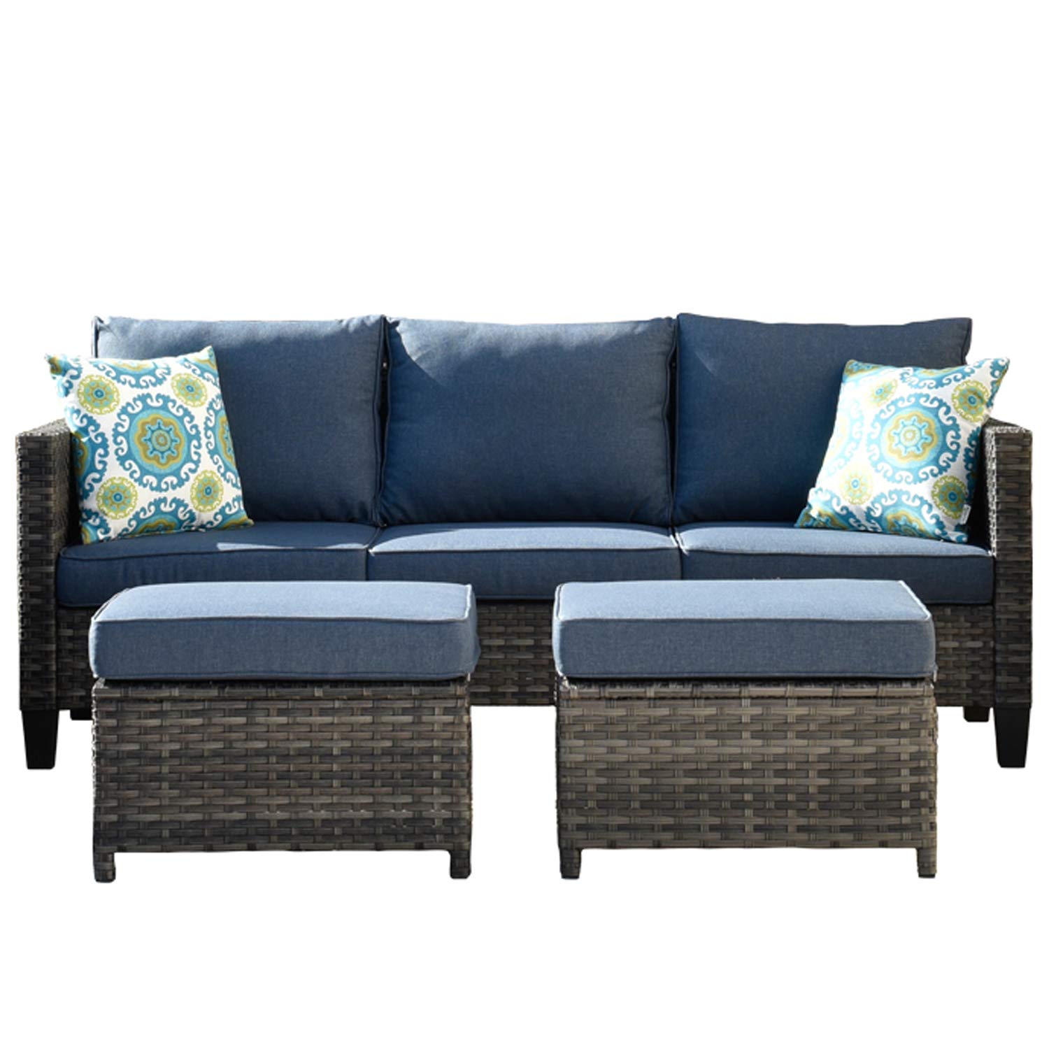 Weather-Resistant Outdoor Patio Sofa Set with 2 Ottomans & Pillows - Deep Seating Wicker Couch for Balcony, Porch, Backyard (Denim Blue) - Perfect for Relaxing, Entertaining & Lounging in Your Outdoor Space