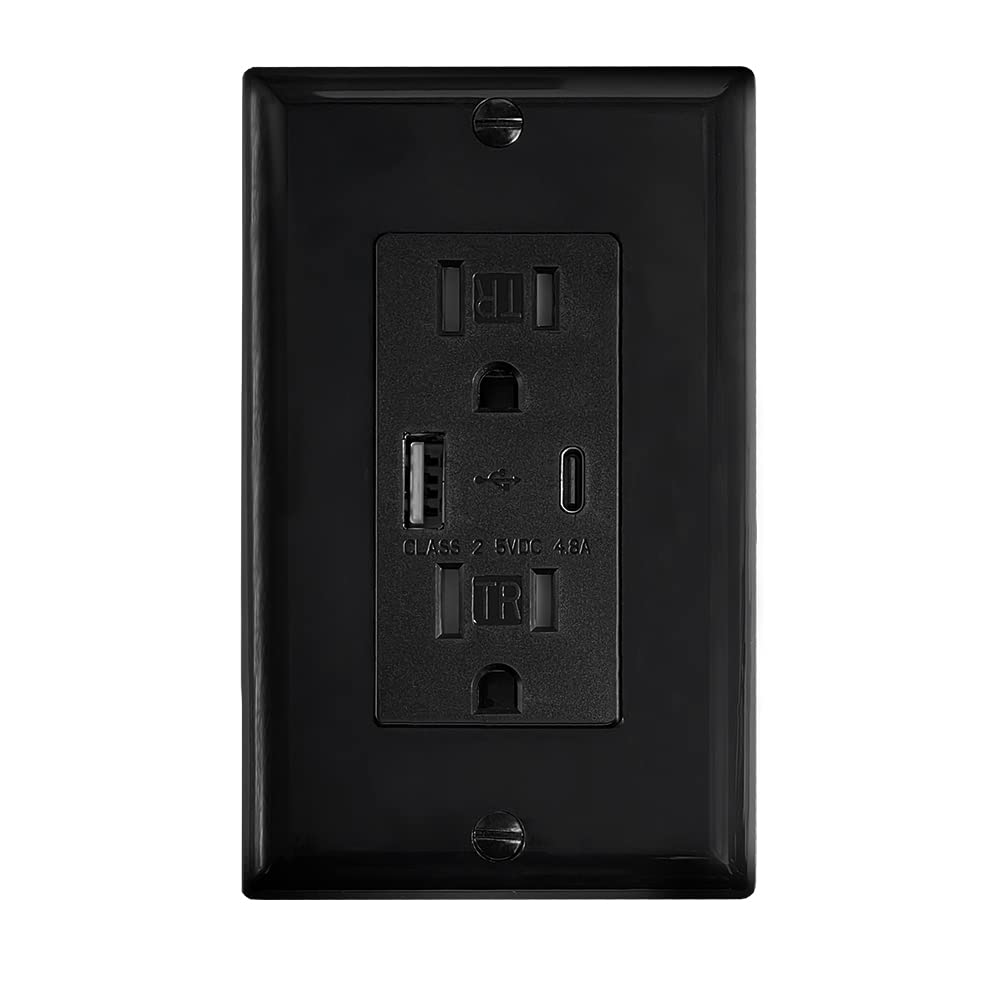 Maxxima 15A Tamper-Resistant USB Wall Outlet with 4.8A Fast Charging - Dual Type-C & Type-A Ports + 2 Standard Outlets - Perfect for Smartphones, Tablets & Smart Home Devices - Black Wall Plate for Bedroom, Office & Kitchen