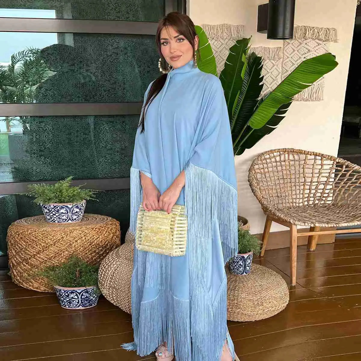 Elegant Batwing Sleeve Tassel Farasha Abaya Dress for Women - Flowy Caftan Kaftan with Long Sleeves - Perfect for Eid, Ramadan, Wedding & Special Occasions