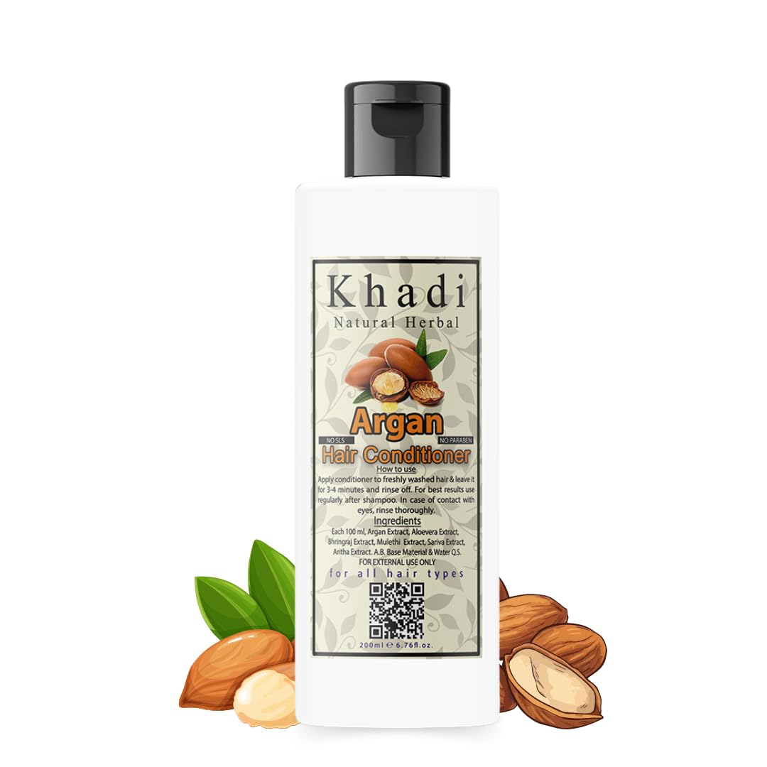 Khadi Natural Herbal Argan Conditioner for Dry & Frizzy Hair - Sulfate & Paraben Free with Argan Oil Extract | Strengthens & Softens Hair | 200ml for Women & Men | Perfect for Daily Hair Care & Salon-Like Results at Home