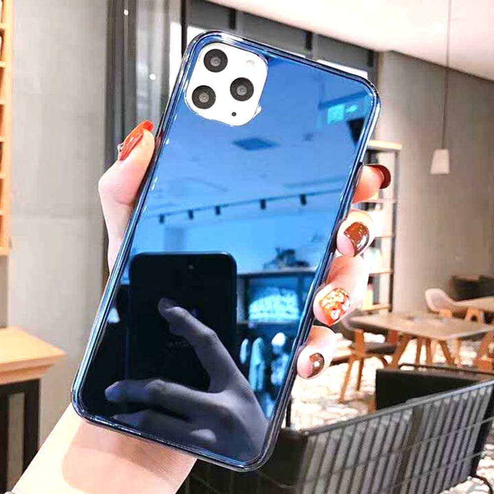 Luxury Fashion Mirror Case for iPhone 12/12 Pro - Soft TPU Bumper Frame, Shockproof Tempered Glass Back Cover with Glitter Design - Trendy Phone Case for Women & Girls (Blue) - Perfect for Parties, Dating & Everyday Use