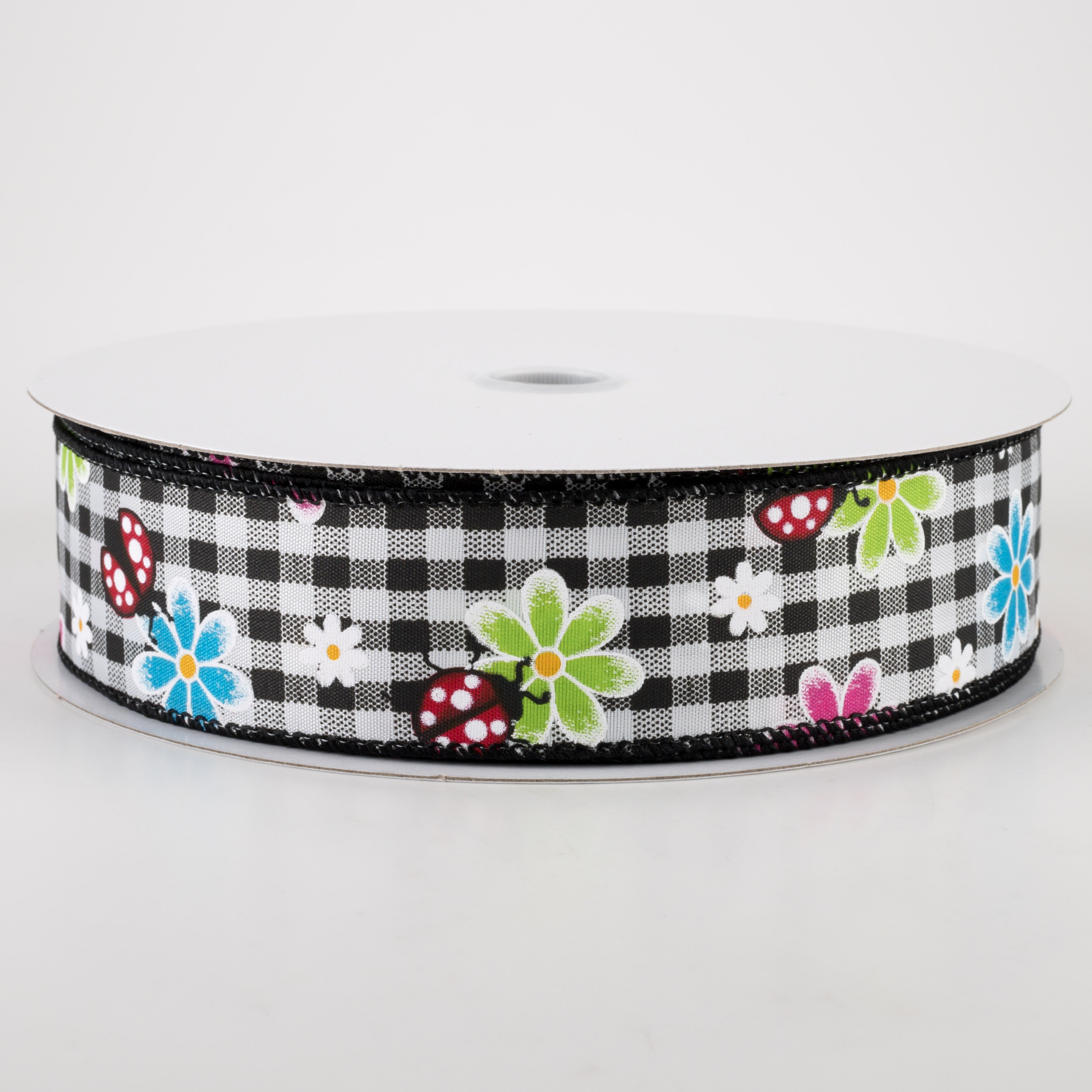 1.5 Inch Bright Daisies and Ladybugs Ribbon - Black & White Gingham Craft Ribbon (50 Yards) for Gift Wrapping, Scrapbooking, and DIY Decorations