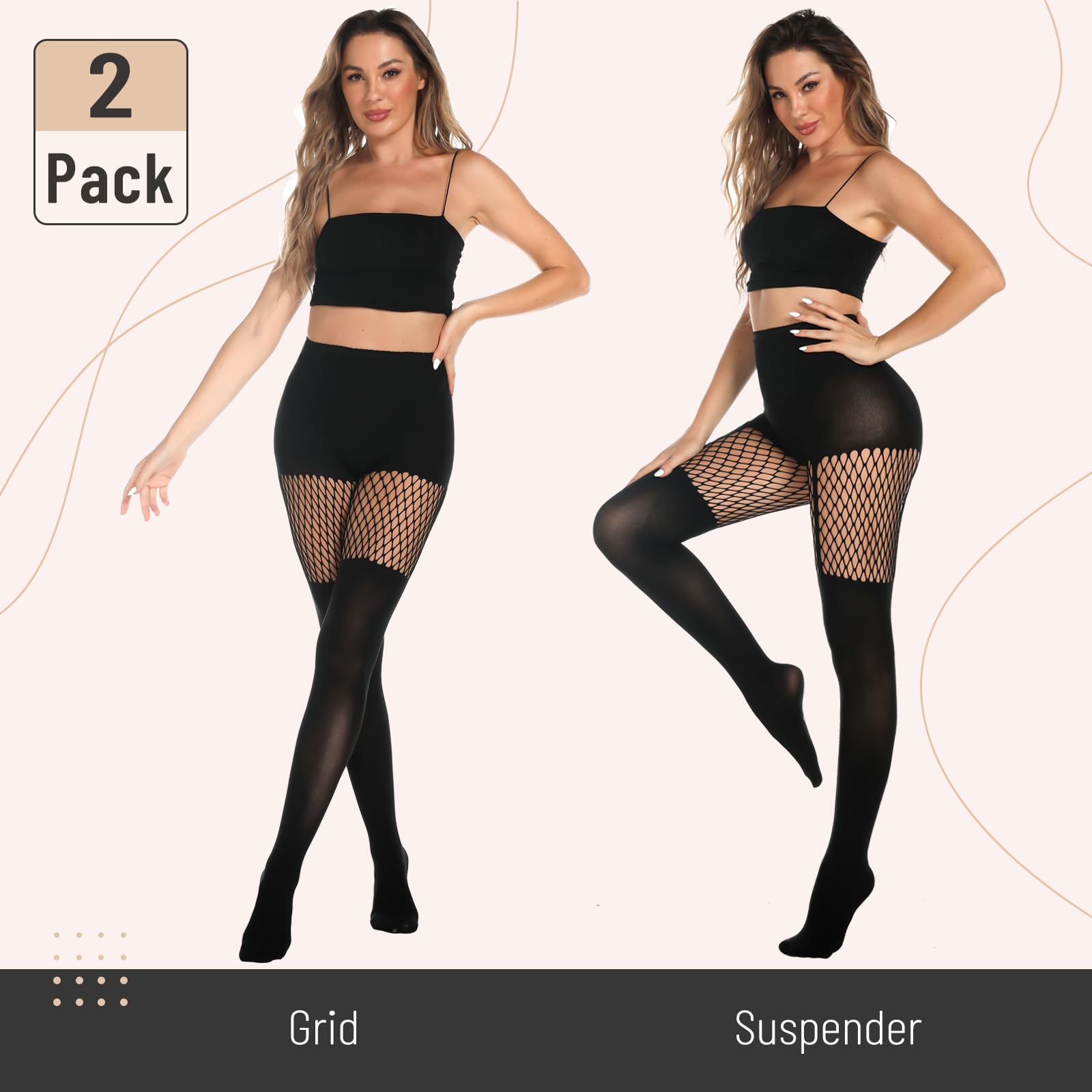 MANZI Women's Faux Thigh High Fishnet Stockings - Opaque Pantyhose with Striped Suspender Tights for Gothic Fashion, Cosplay & Night Out Outfits