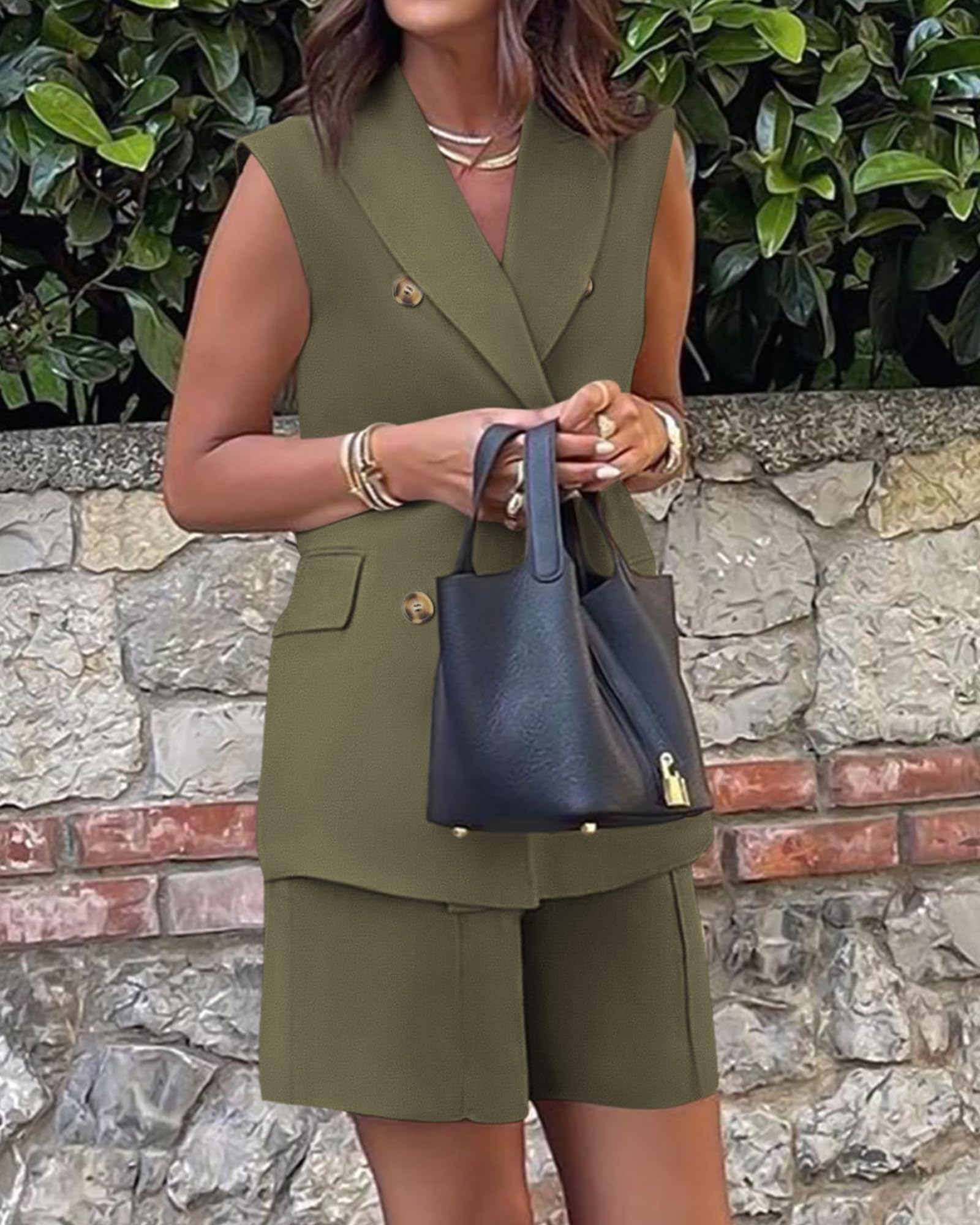 BTFBM Women's 2-Piece Blazer Vest & Shorts Set - Lapel Neck Sleeveless Button Down Office Wear for Summer | Casual Lounge Matching Outfit for Work, Travel & Date Night