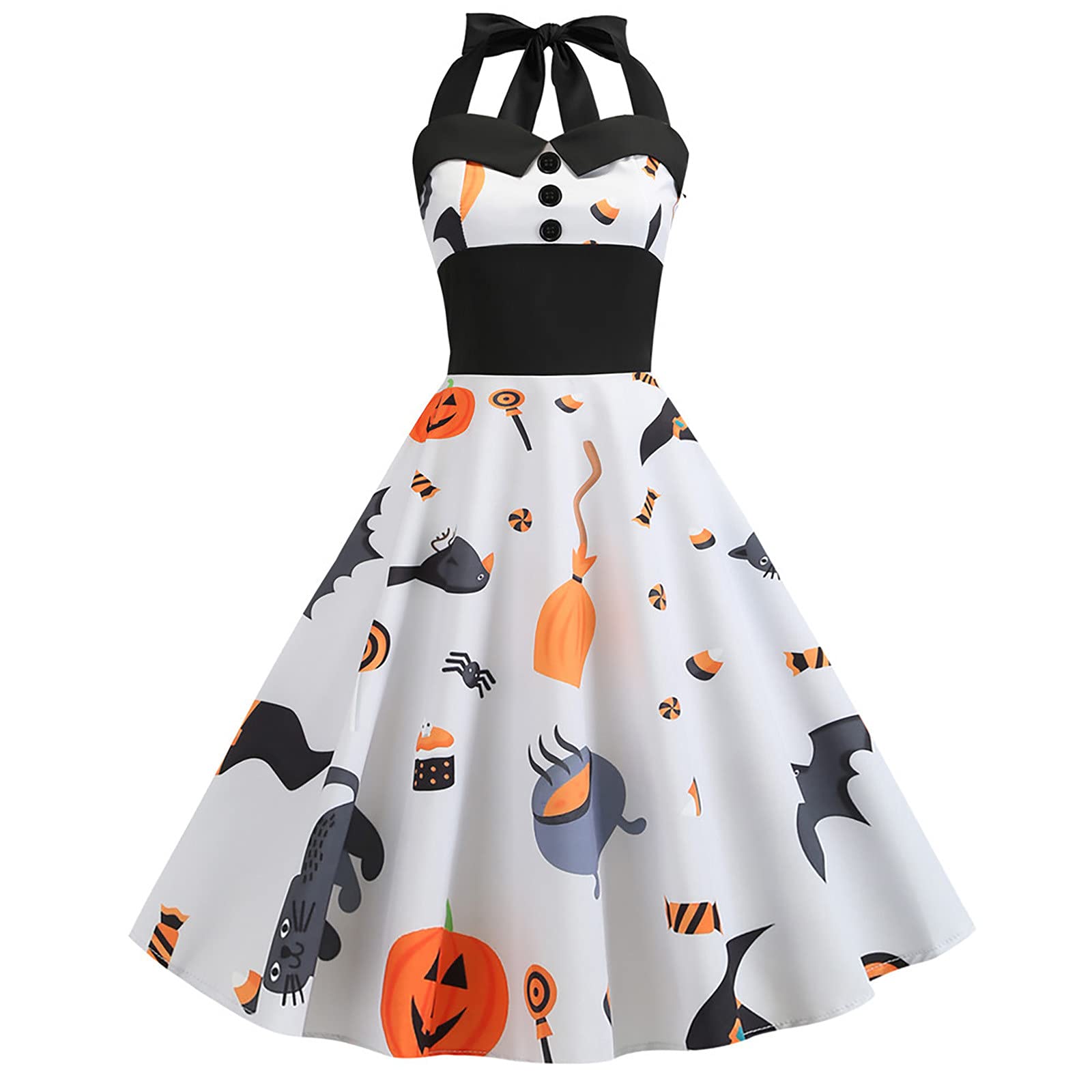 Sexy Halloween Halter Dress for Women - Black Cat Pumpkin Ghost Print Vintage Off Shoulder Cocktail Long Dress | Perfect for Halloween Parties, Costume Events & Night Out