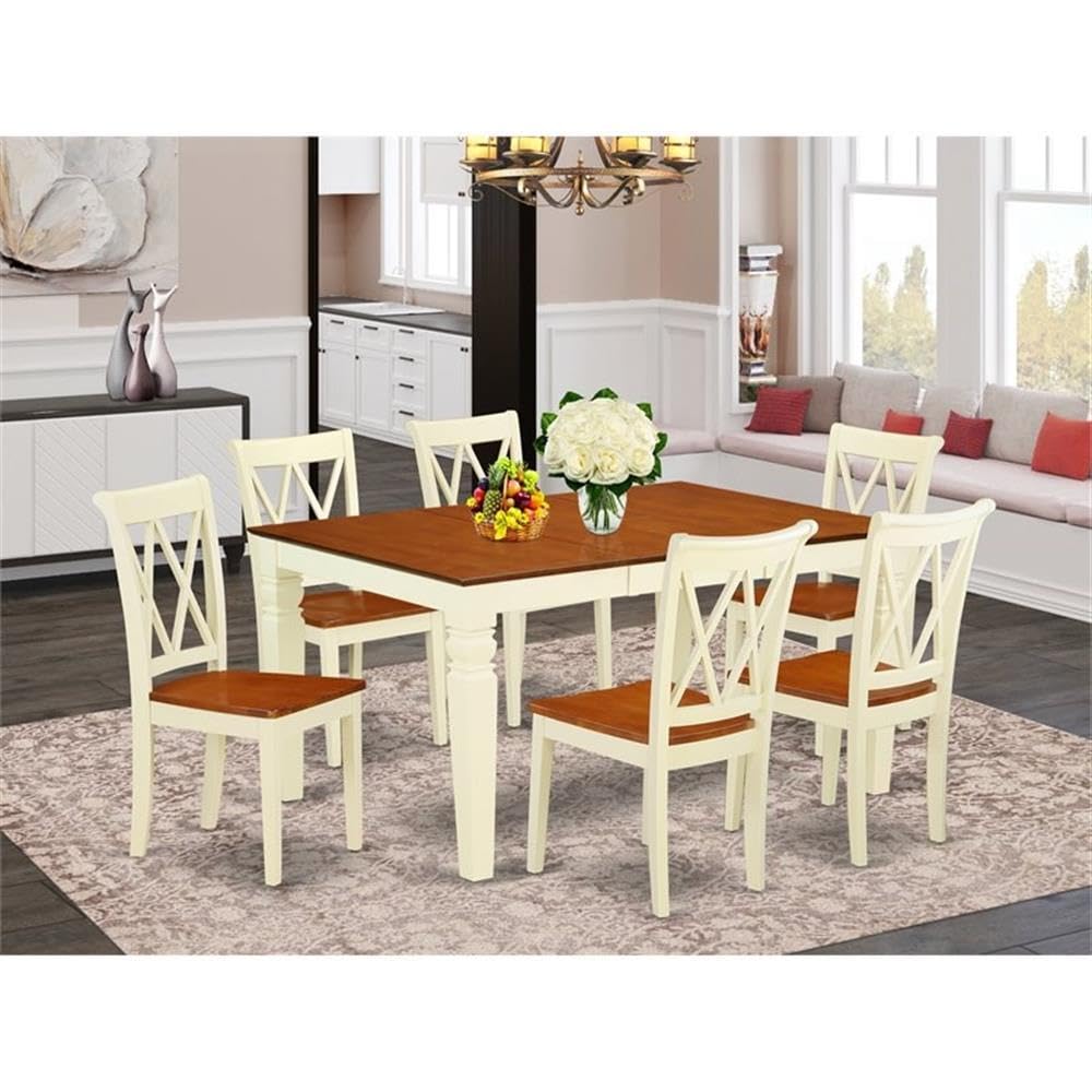 East West Furniture 7-Piece Dining Room Set - 42x60 Inch Rectangle Kitchen Table with Butterfly Leaf & 6 Chairs, Buttermilk & Cherry Finish - Perfect for Family Meals, Dinner Parties & Small Space Dining Rooms
