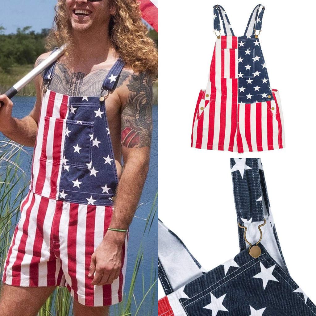 American Flag Denim Short Jumpsuit for Women & Men - Patriotic 4th of July Couple Romper Overalls (Red, XL) | Perfect for Independence Day Parties, BBQ Events & Casual Summer Outfits