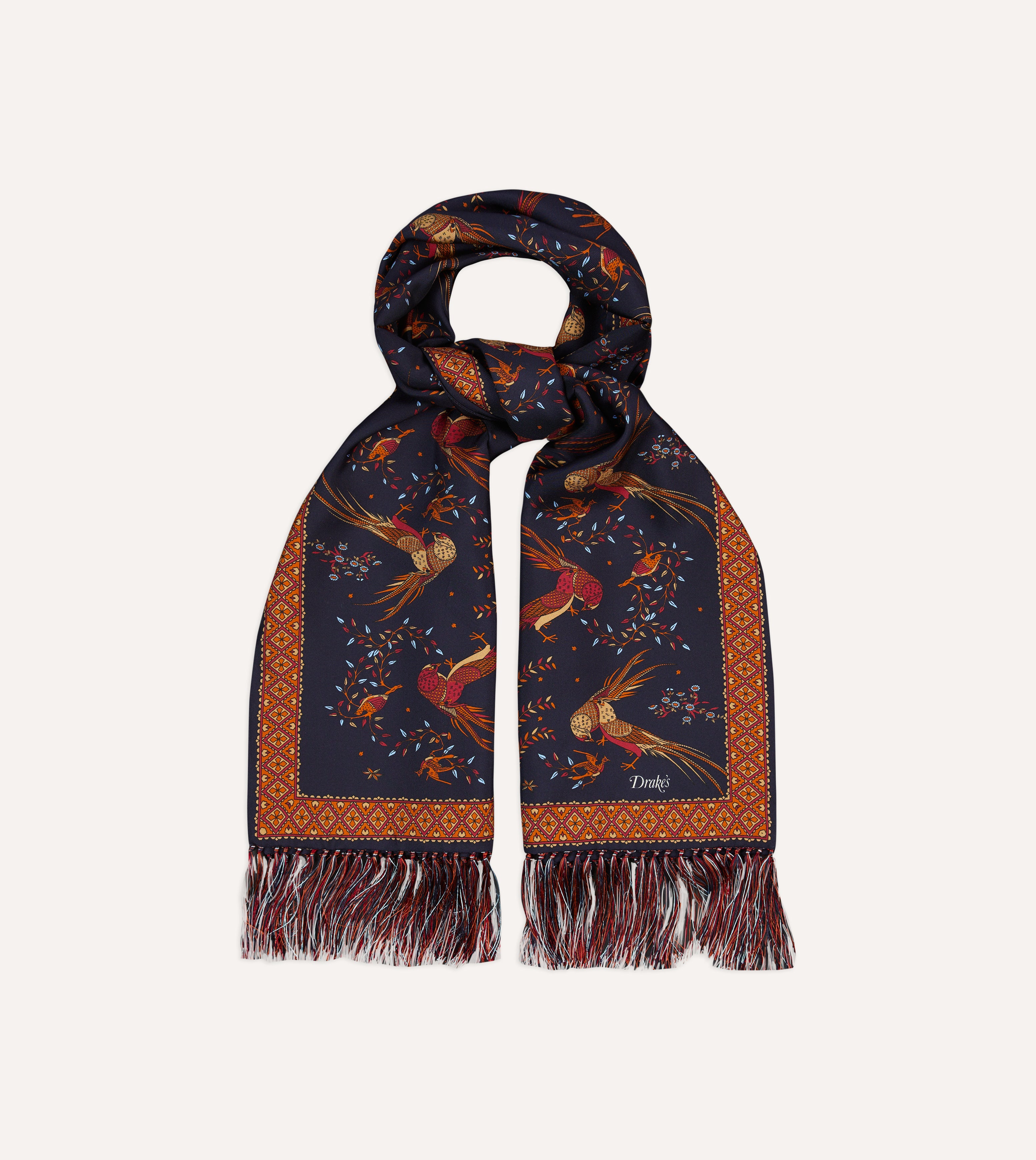 Navy Blue Birds of Paradise Print Silk Scarf with Tassels - Elegant Fashion Accessory for Women, Perfect for Parties, Weddings & Special Occasions