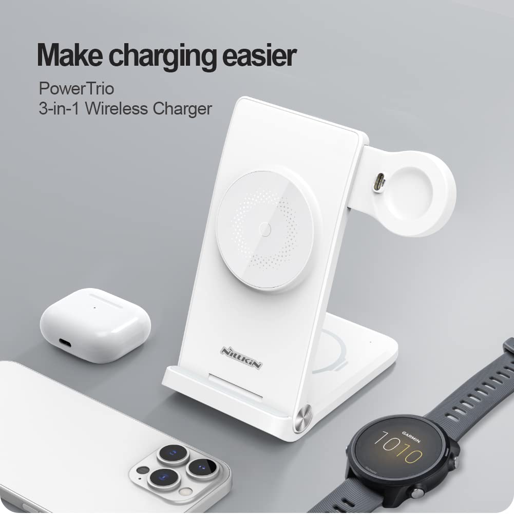 Nillkin 3-in-1 Foldable Magsafe Wireless Charging Station for Garmin Watch (Instinct Fenix 7/7S, Forerunner 245/745/945, Vivoactive) & iPhone 16/15/14/13/12 & AirPods 2/3/Pro - Portable Travel Charger Stand for Home, Office, and Car Use