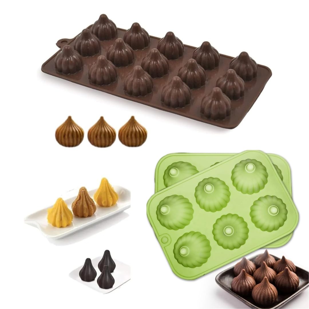Skytail 6 & 15 Cavity Silicone Modak Molds for Ganesh Chaturthi Festival - Ganpati Bappa Decorations, Mithai, Chocolate, Candy, Sweets, Cakes, Desserts, Cupcakes & Dumplings - Perfect for Hindu Festivals, Home Baking & Party Treats